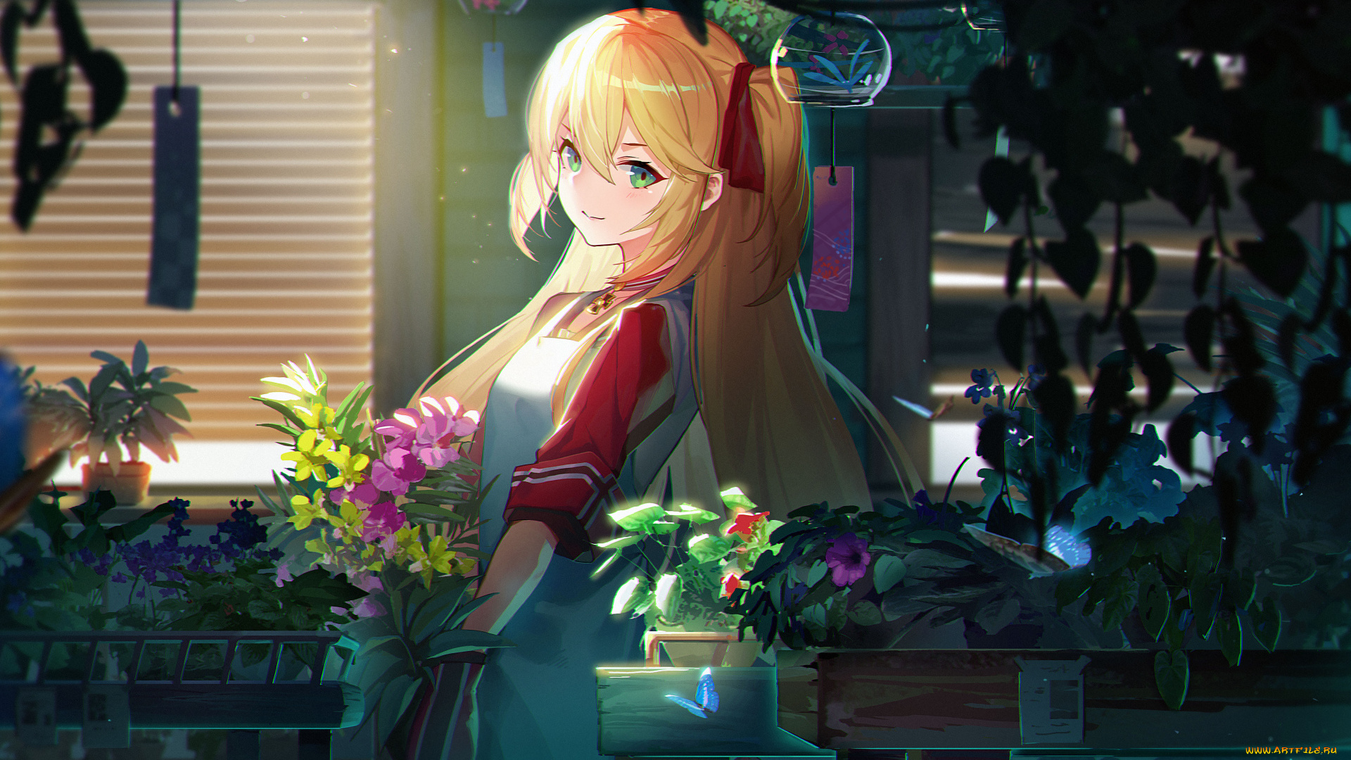 аниме, azur, lane, цветы, фартук, девушка