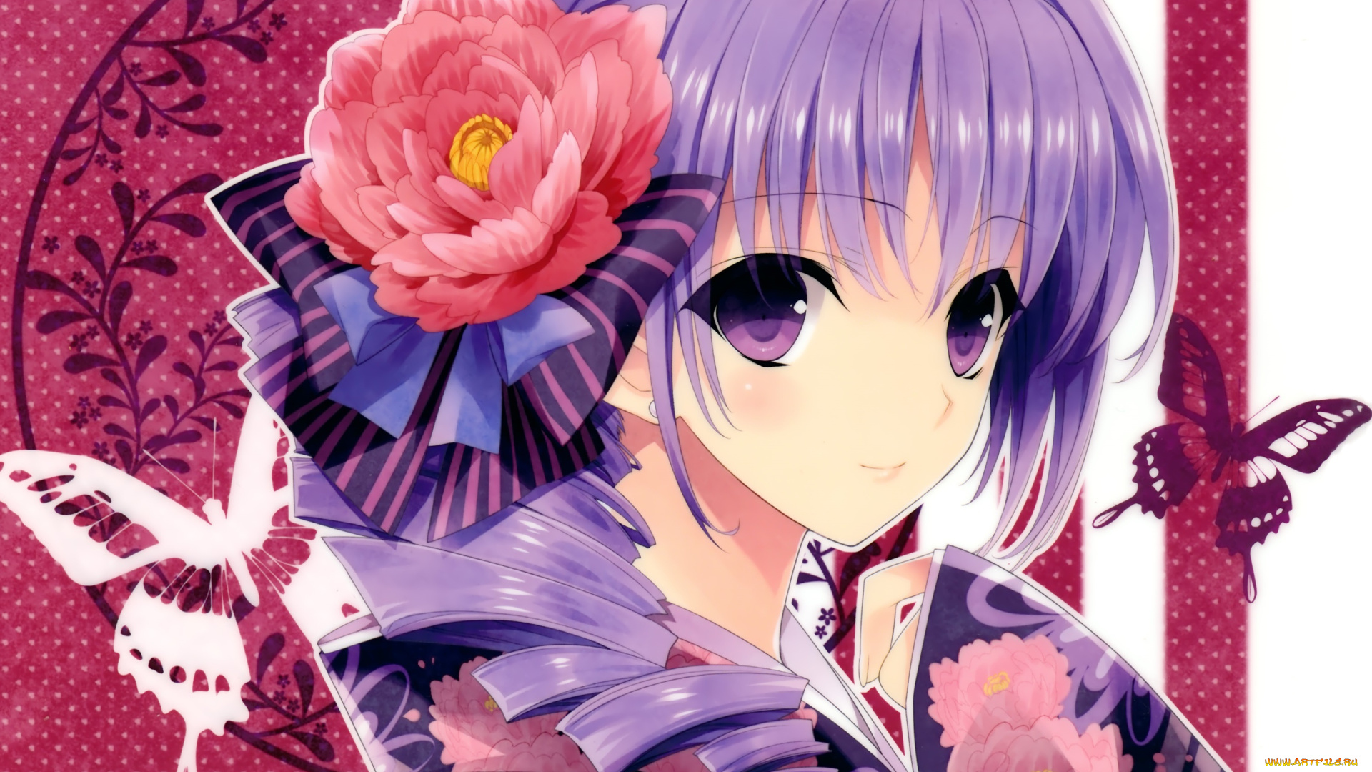 аниме, unknown, , другое, , девочка, кимоно, цветок, бабочки