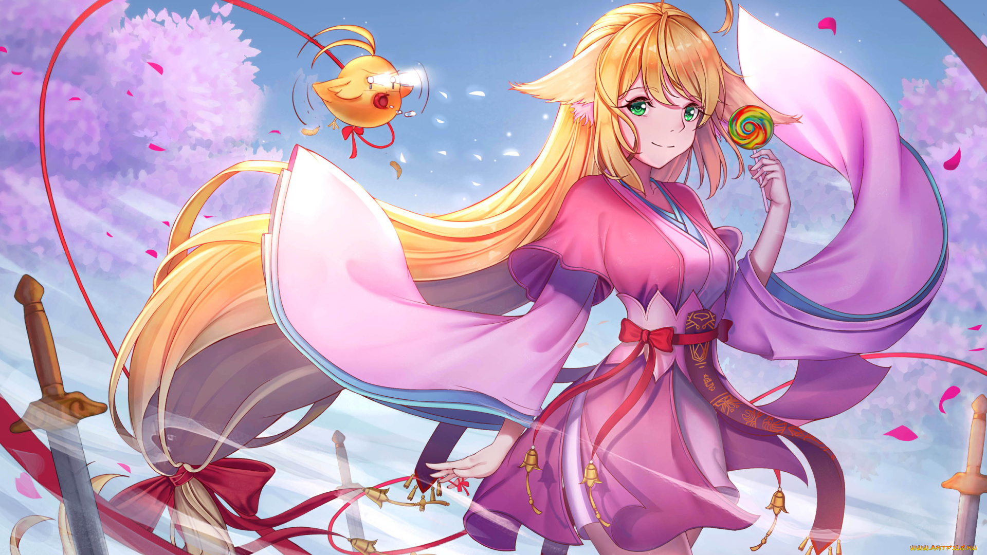 аниме, животные, , существа, колокольчики, меч, рукава, ушки, девушка, птица