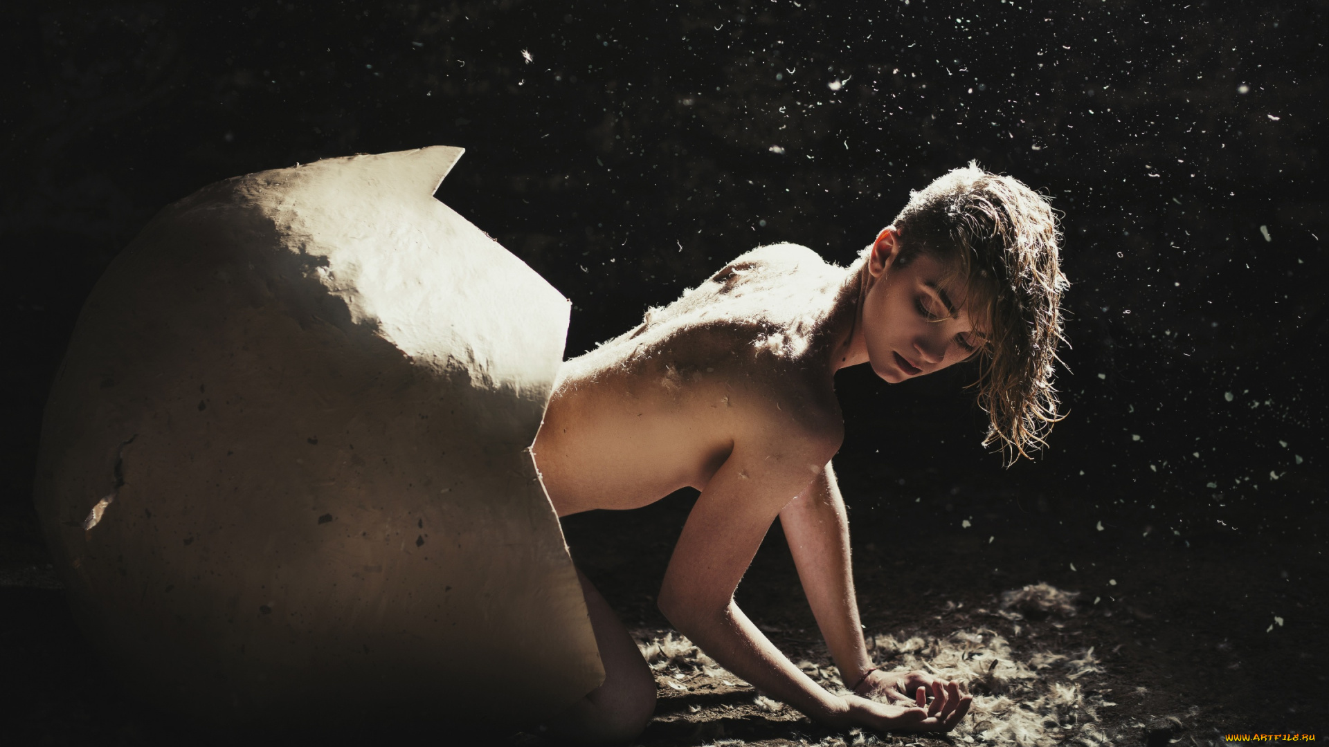 девушки, -unsort, , креатив, пух, вылупилась, цыпочка, скорлупа, обнаженная, перья, яйцо, спина, темный, фон, поза, лицо, свет, девушка