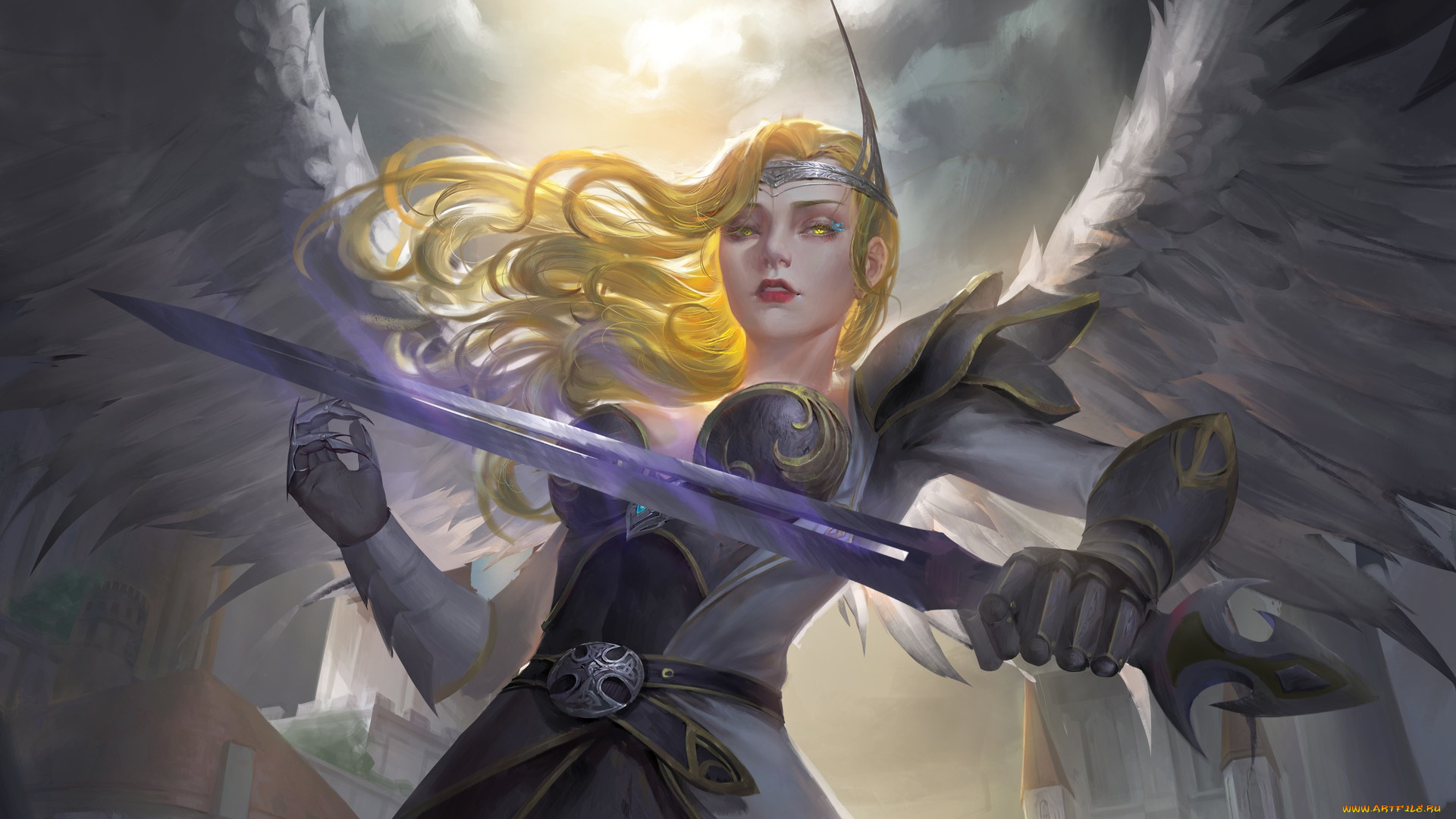 фэнтези, ангелы, ангел, angel, крылья, меч, арт, оружие, доспехи, девушка, взгляд