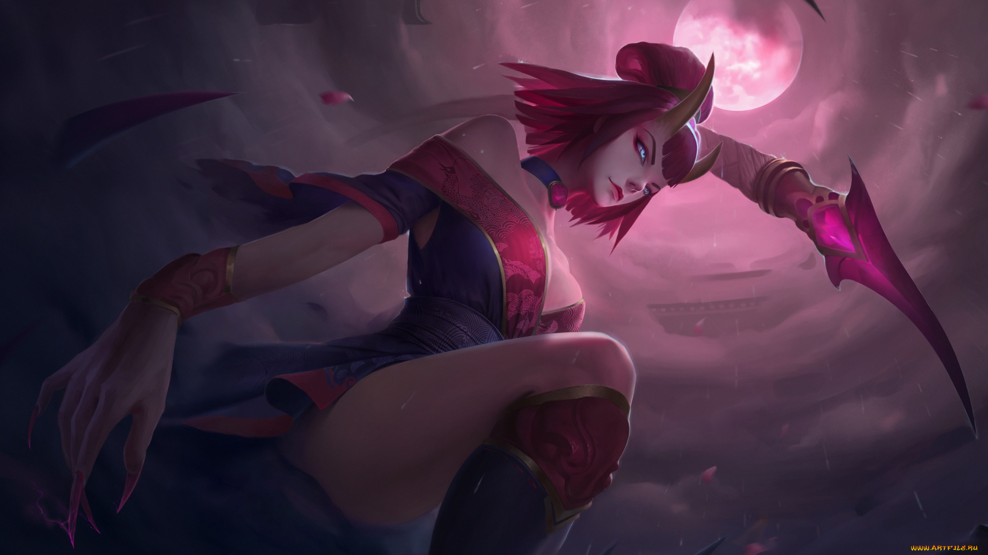 фэнтези, демоны, небо, взгляд, поза, луна, арт, когти, рога, демоница