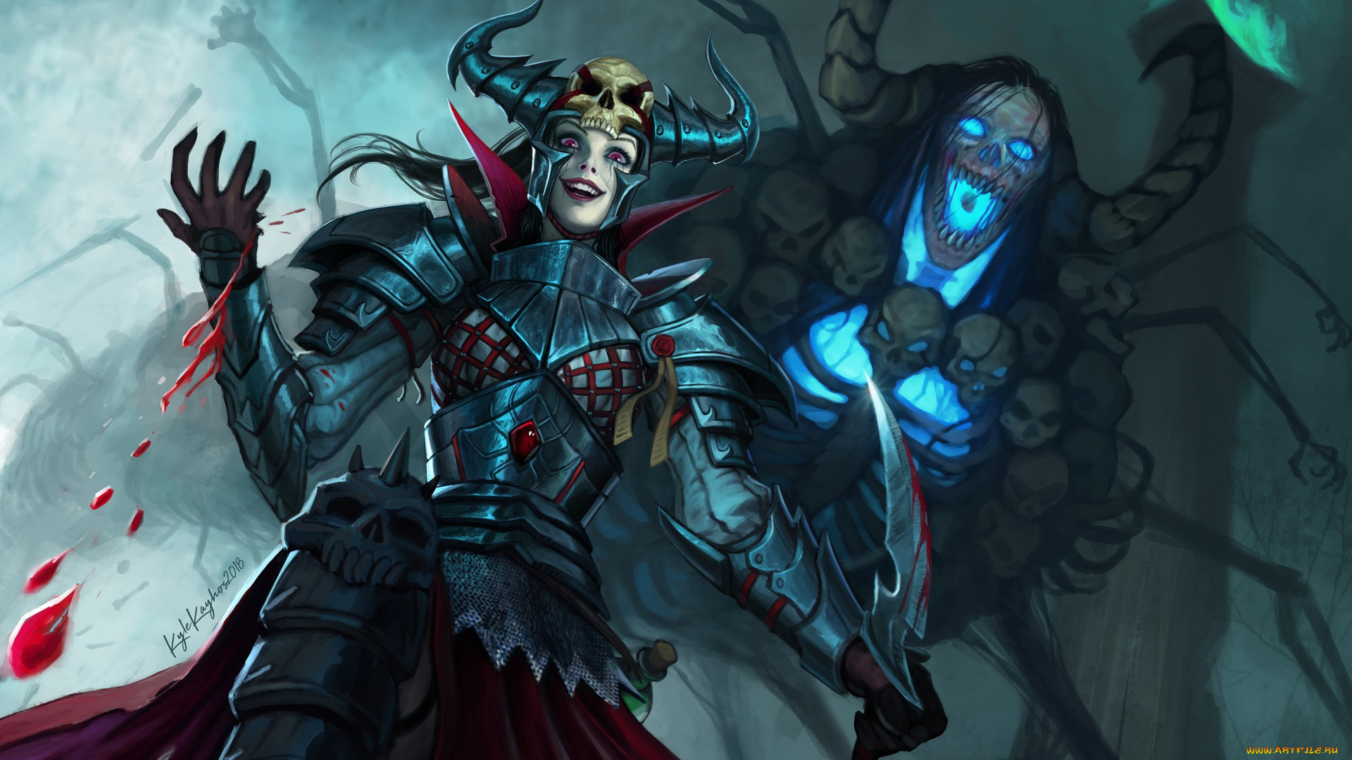 фэнтези, демоны, взгляд, арт, доспехи, девушка, кровь, существо, art, рога, черепа, fantasy