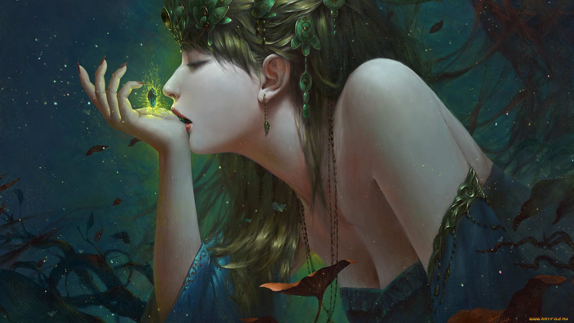 фэнтези, девушки, девушка, украшения, магия, рука, профиль, art