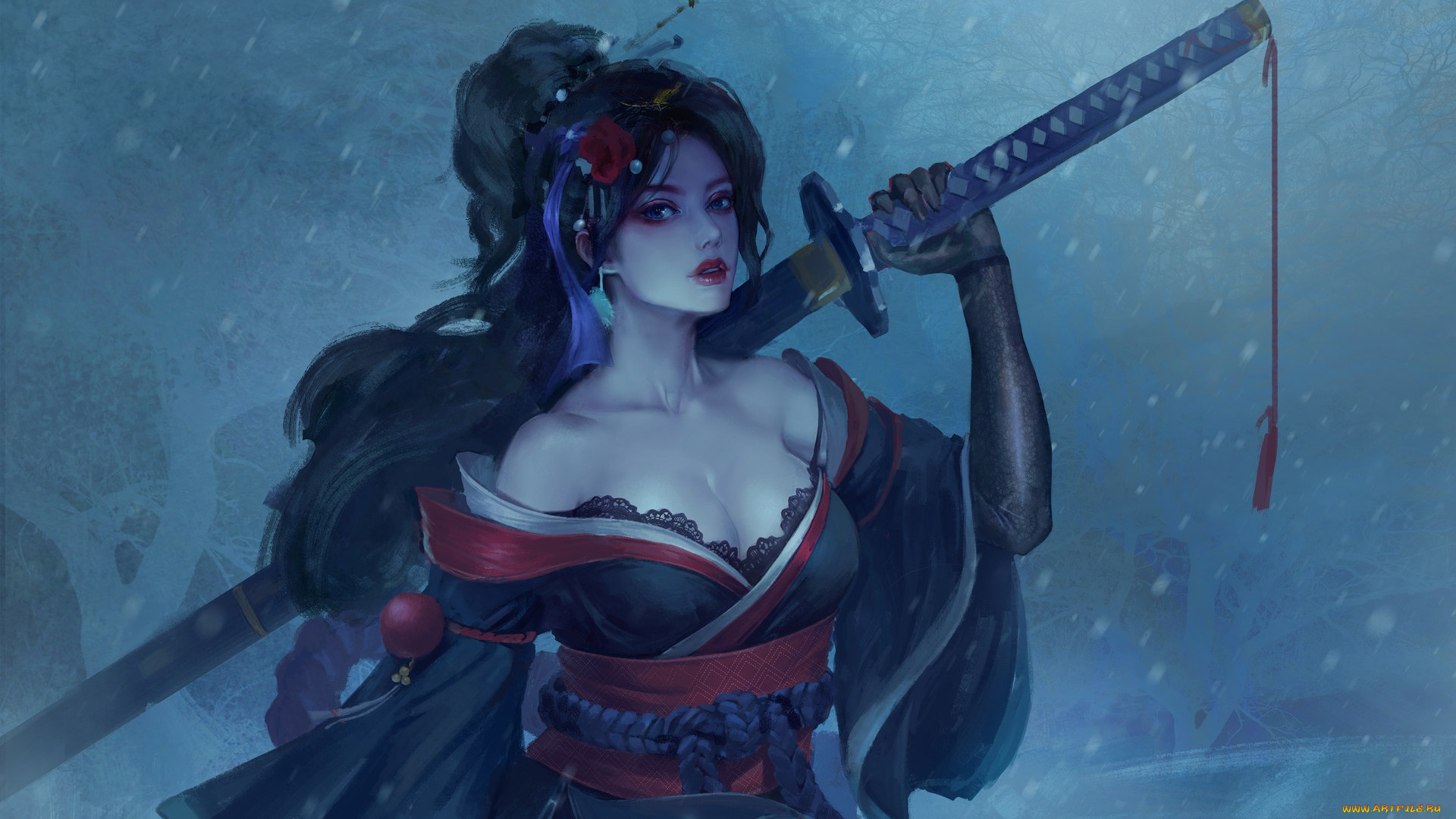 фэнтези, девушки, холод, цветок, взгляд, девушка, снег, оружие, арт