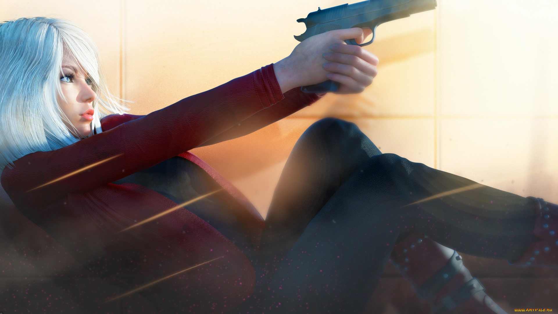 фэнтези, девушки, пистолет, рендеринг, поза, девушка, блондинка, профиль