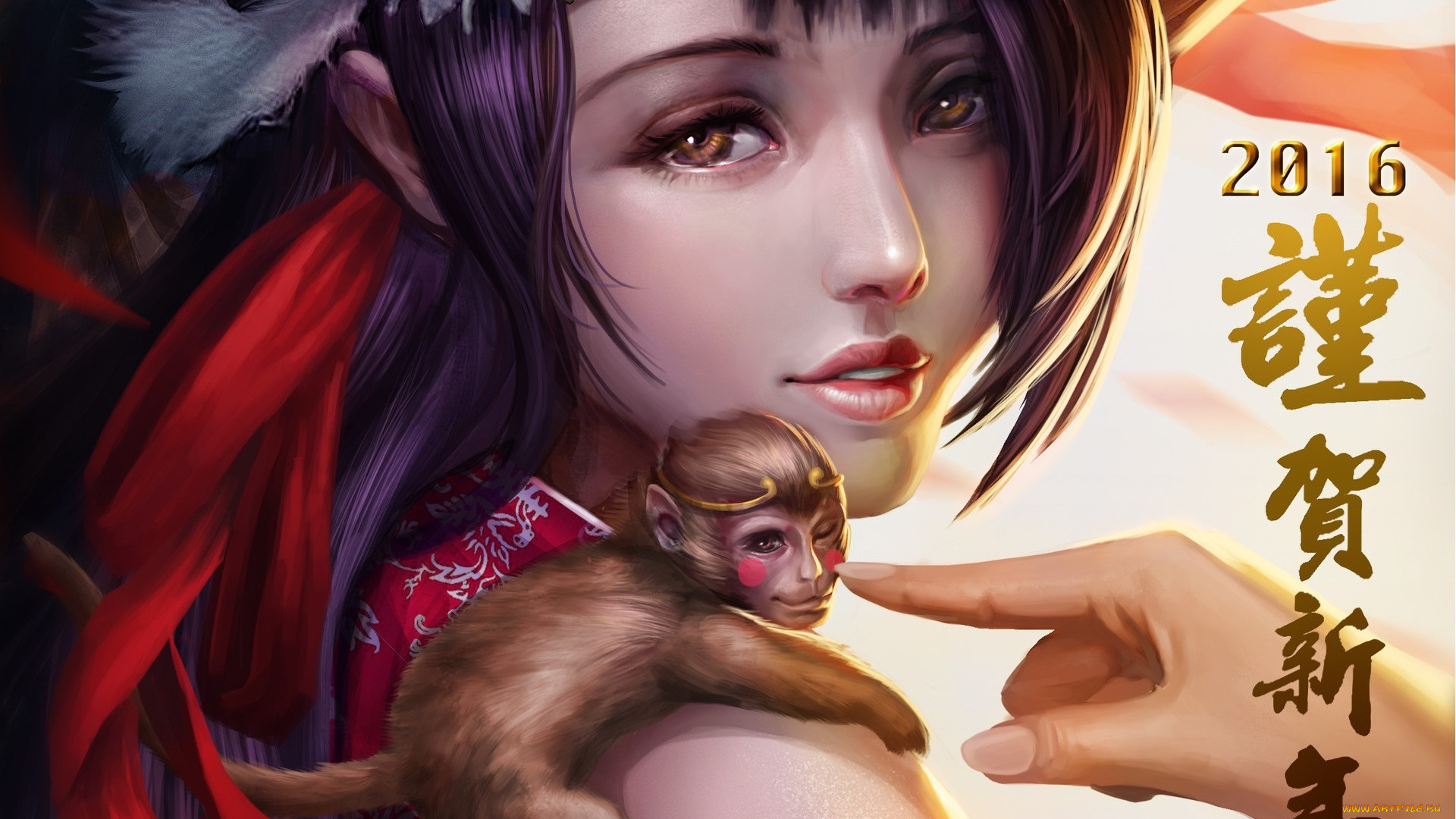 фэнтези, девушки, взгляд, девушка, арт, обезьянка, 2016