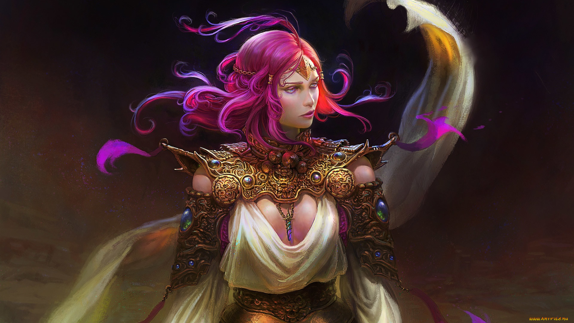 фэнтези, девушки, взгляд, девушка, украшения, фон, арт, профиль
