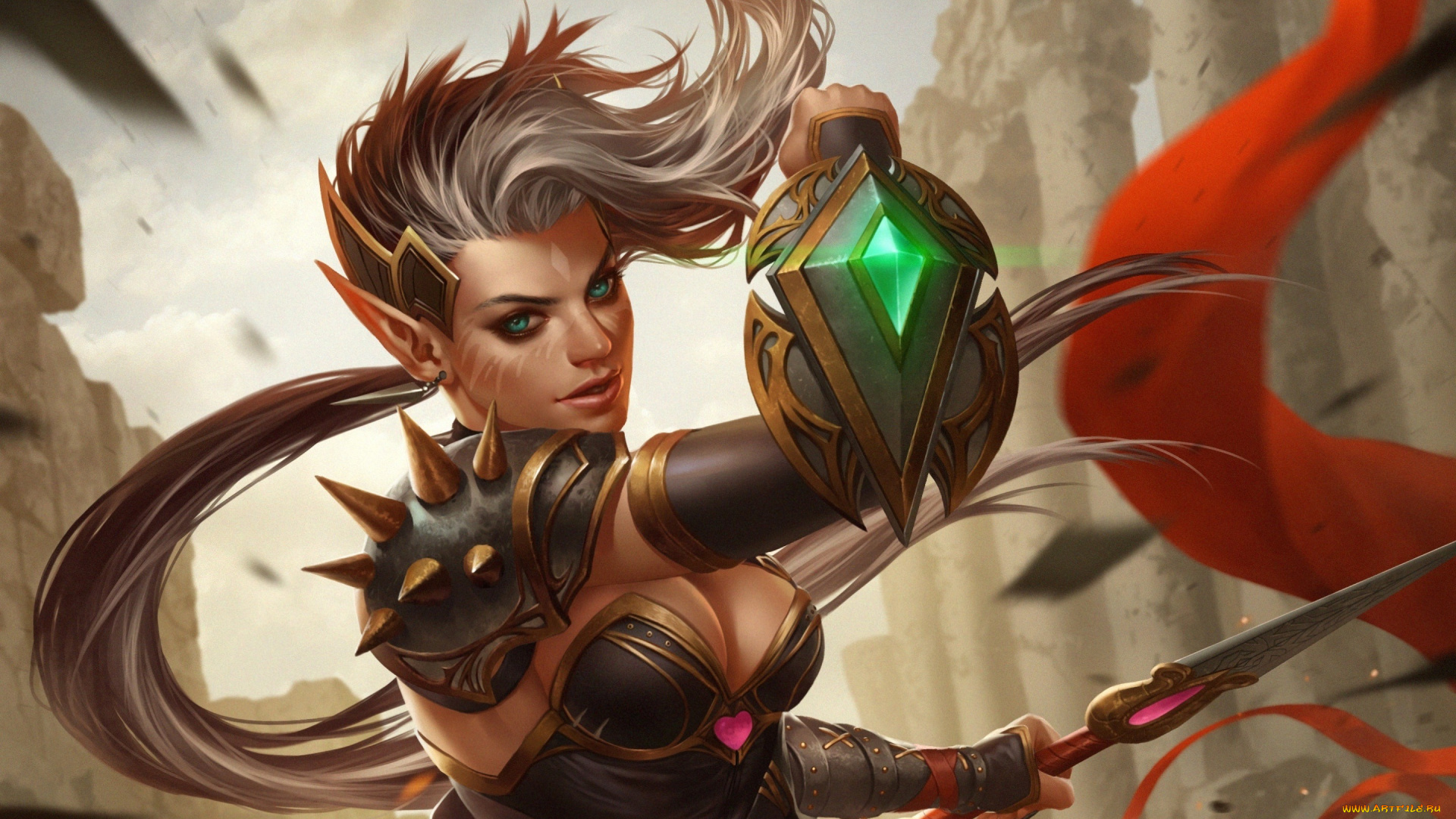 фэнтези, эльфы, взгляд, арт, кинжал, броня, эльфийка, щит