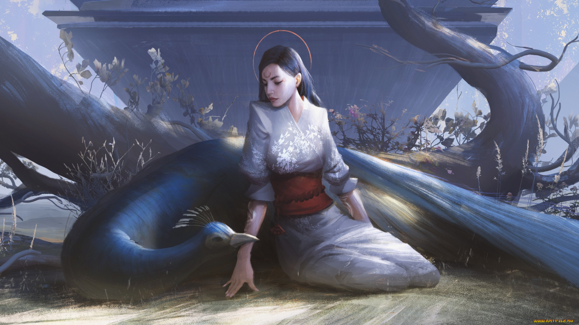 фэнтези, красавицы, и, чудовища, взгляд, девушка, птица, арт, павлин, кимоно