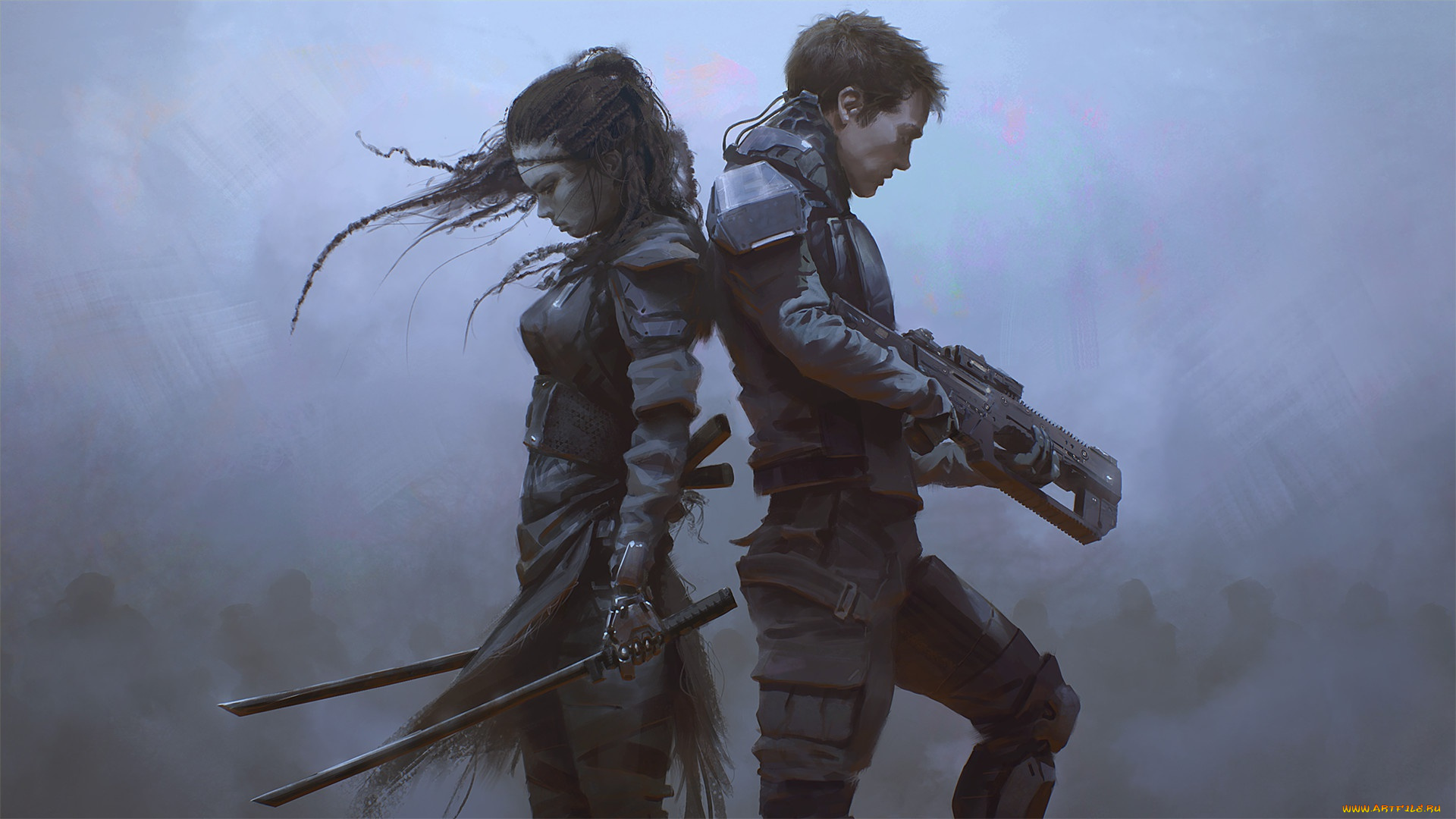 фэнтези, люди, девушка, оружие, арт, парень, sci-fi, спина, к, спине