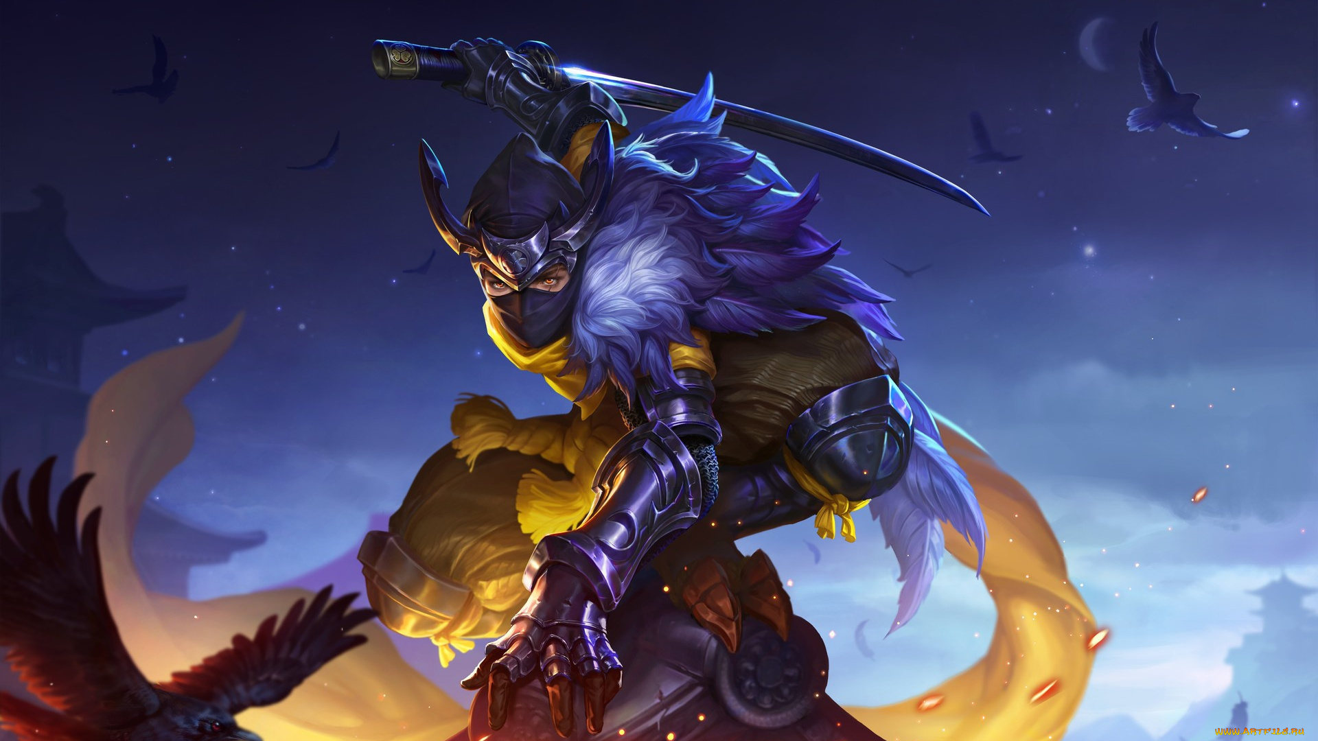 фэнтези, люди, взгляд, поза, арт, ниндзя, ворон, art, ninja