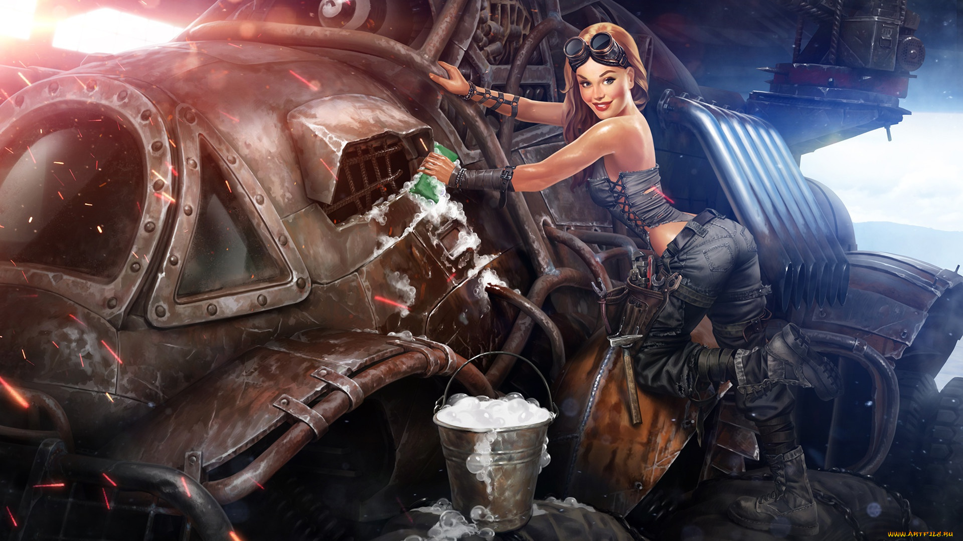 фэнтези, роботы, , киборги, , механизмы, crossout, мытье, pin-up, post, apocalypse, ведро, арт, игра, девушка, пена, машина