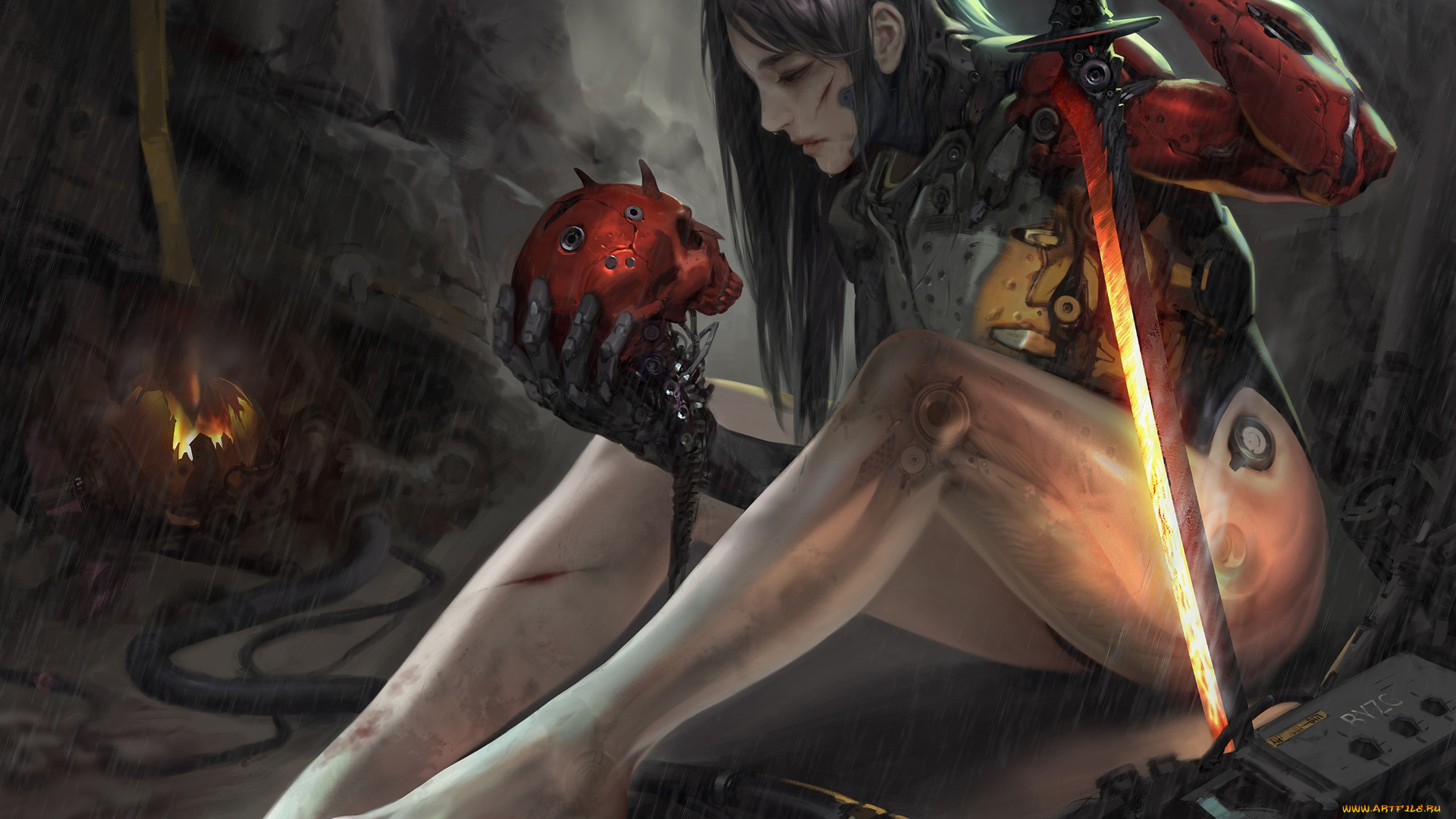 фэнтези, роботы, , киборги, , механизмы, киборг, череп, взгляд, оружие, поза, девушка, sci-fi, cyborg