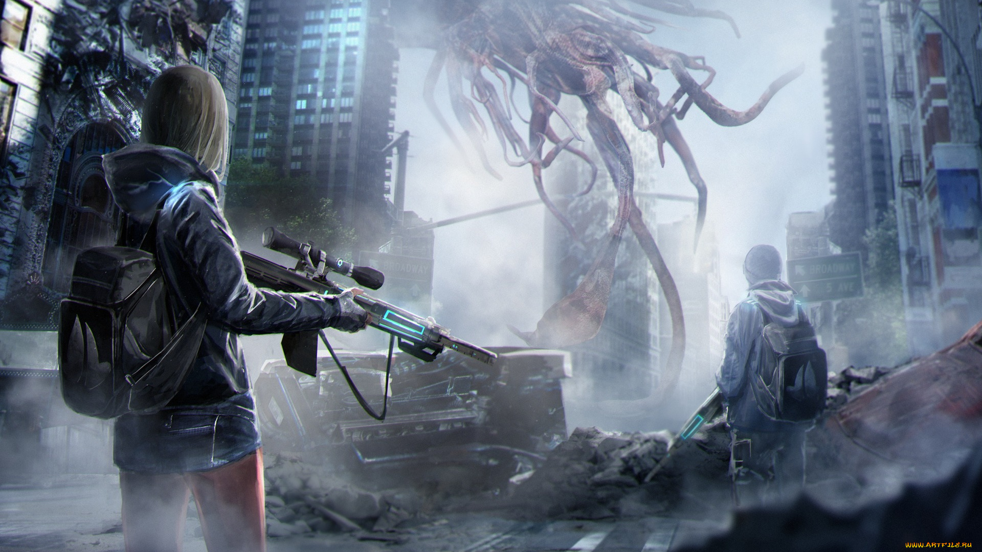 фэнтези, существа, рюкзак, арт, парень, существо, дома, инопланетяне, sci-fi, высотки, art, фантастика, оружие, девушка