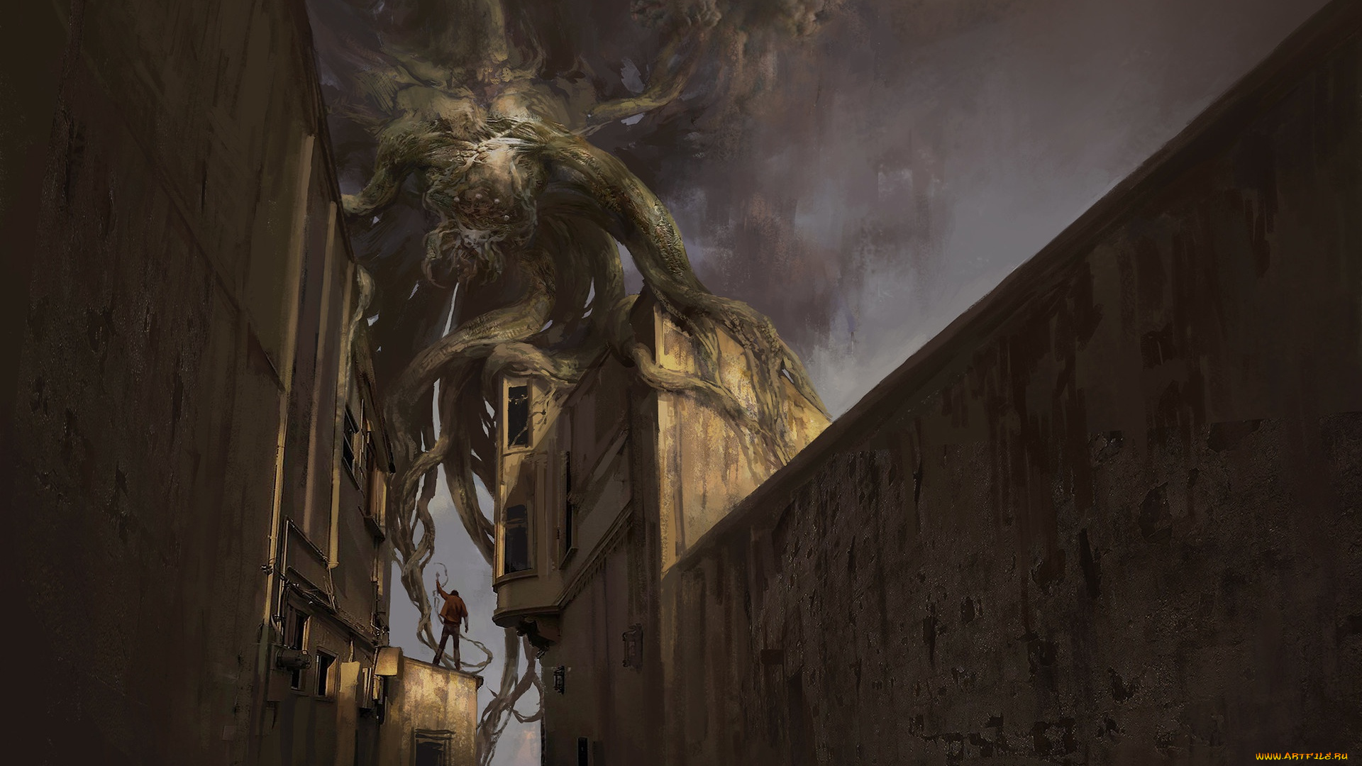 фэнтези, существа, стены, человек, дома, монстр, арт