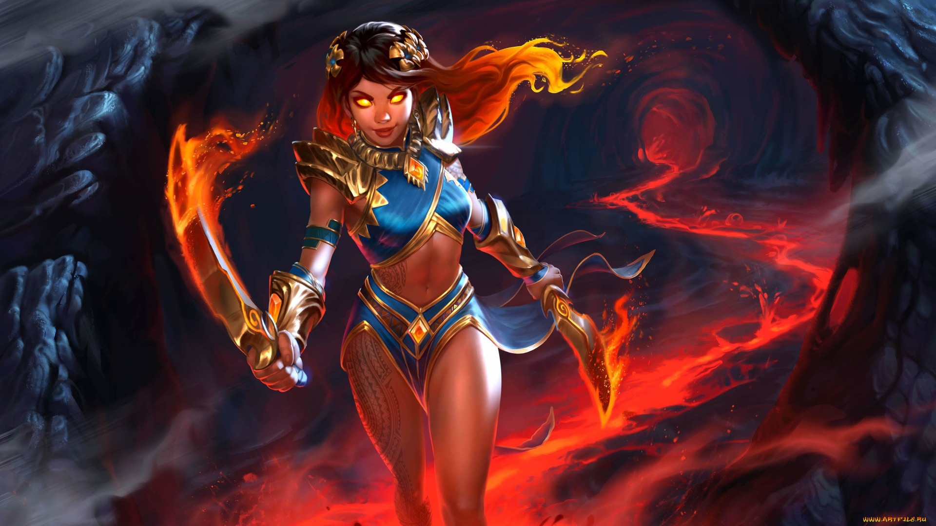 фэнтези, существа, взгляд, девушка, оружие, огонь, арт, лава, наступление