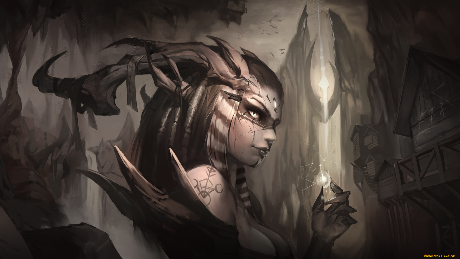 фэнтези, существа, взгляд, магия, арт, рога, демоница