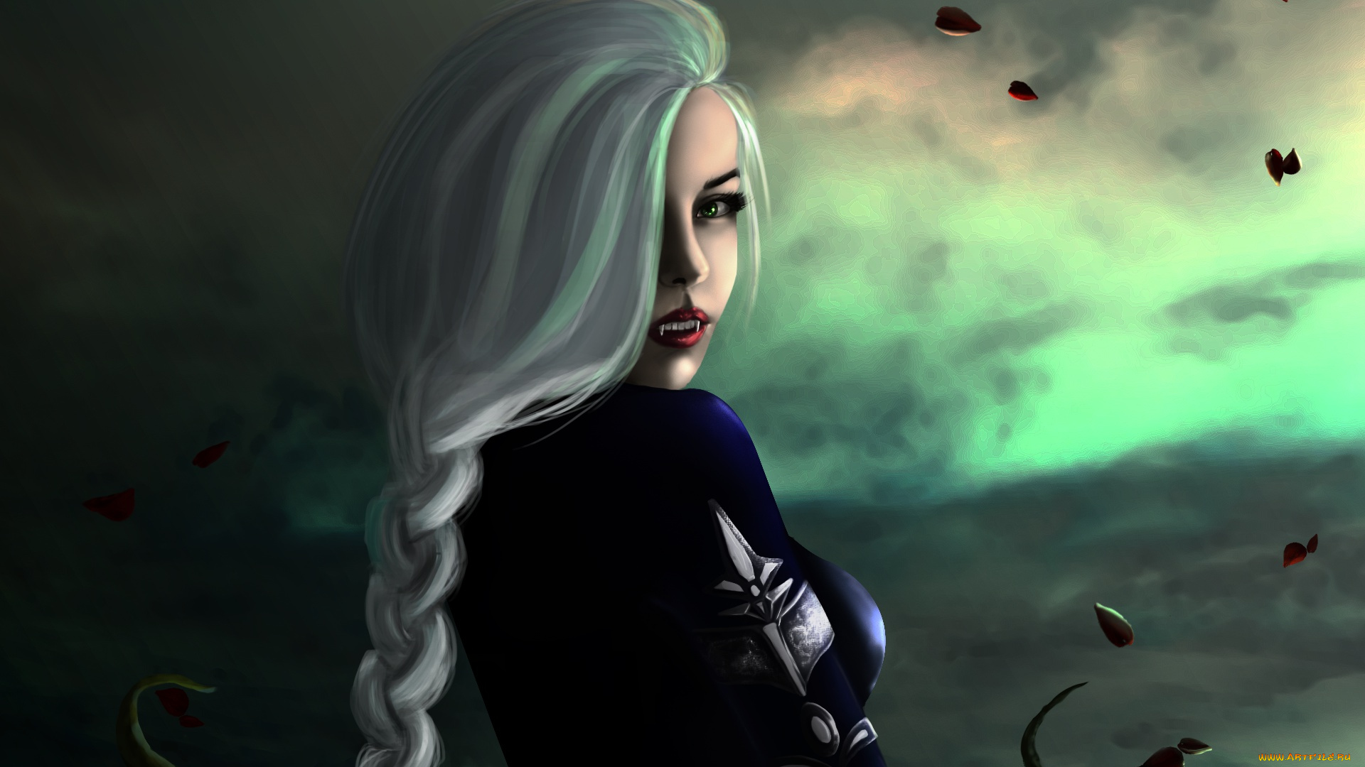 фэнтези, вампиры, взгляд, девушка, арт, блондинка, клыки, вампирша