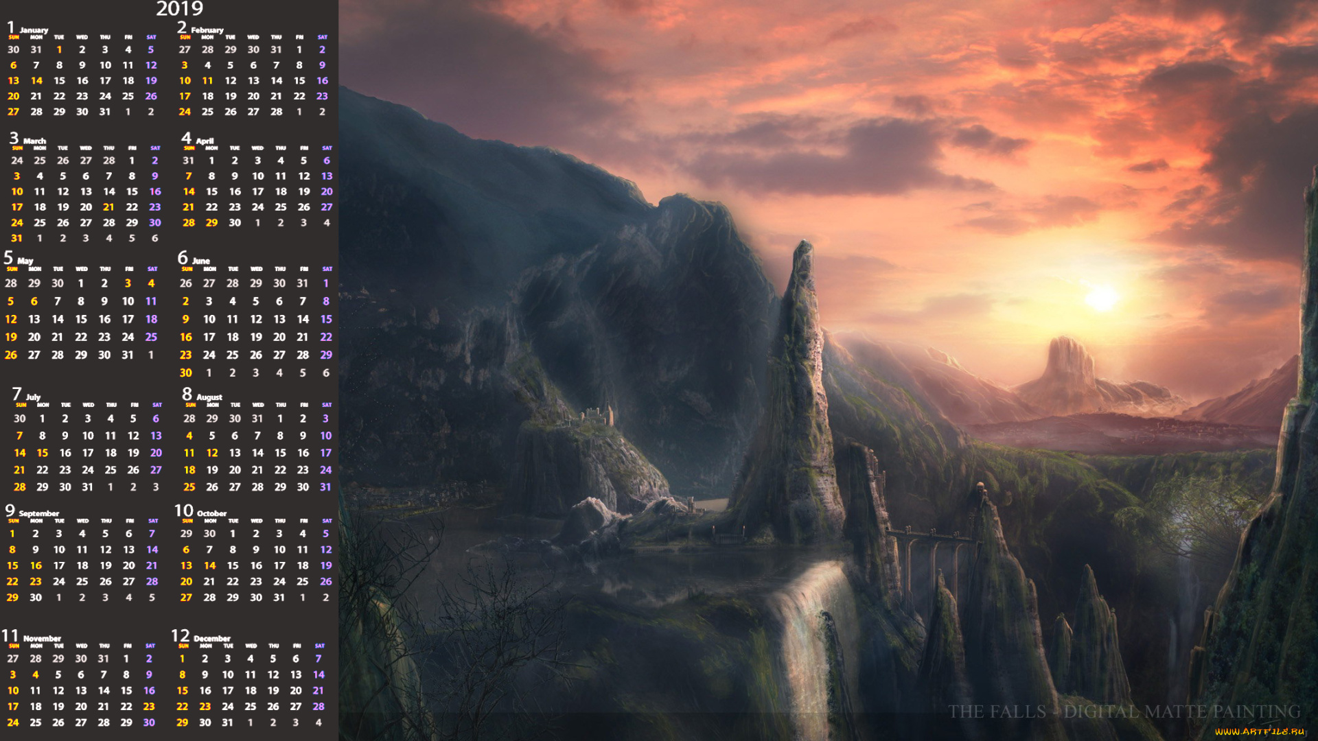 календари, фэнтези, закат, гора