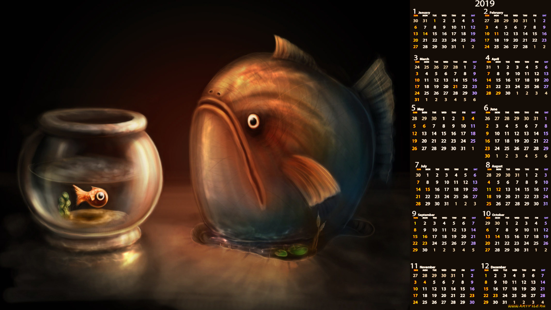 календари, рисованные, , векторная, графика, рыба, аквариум