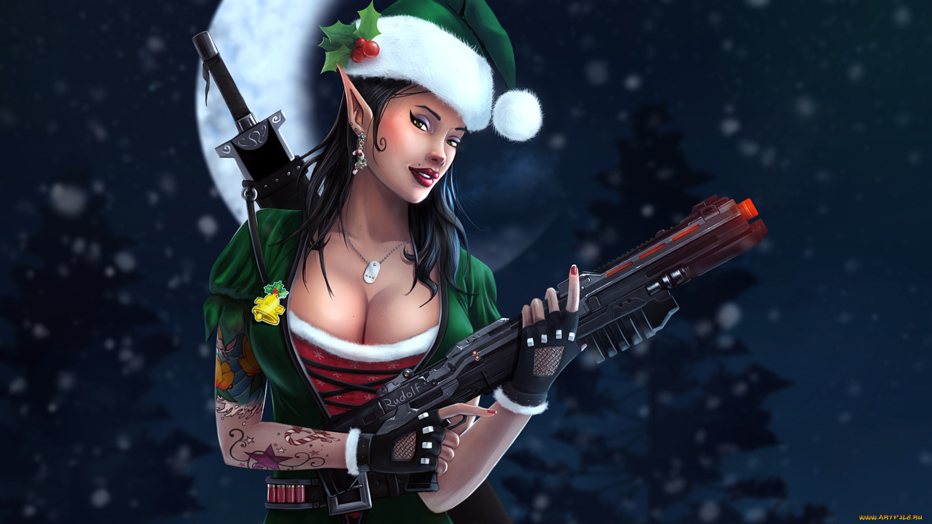 праздничные, -, разное, , новый, год, оружие, эльф, взгляд, фон, девушка