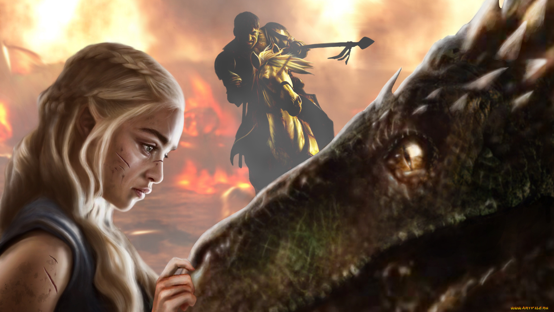 рисованное, кино, фон, мужчина, дракон, девушка