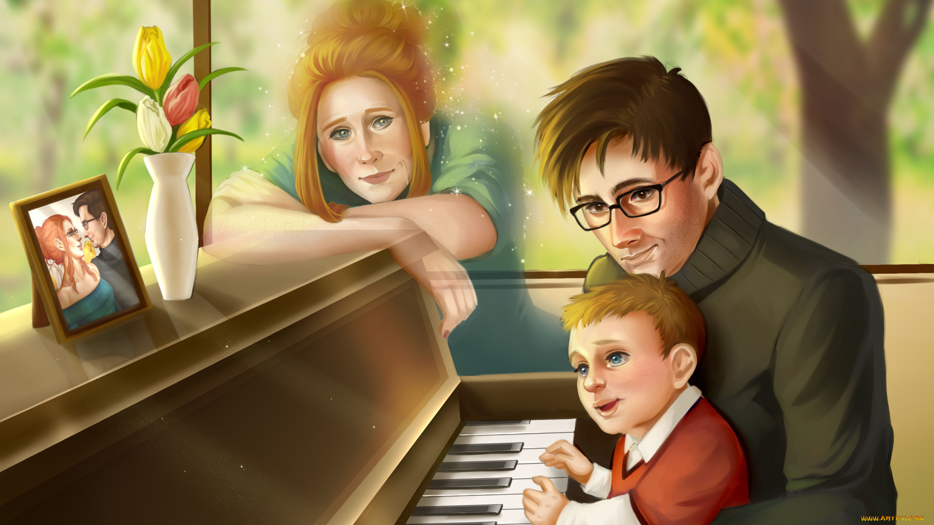 рисованное, люди, дух, портрет, фортепьиано, женщина, ребенок, мужчина