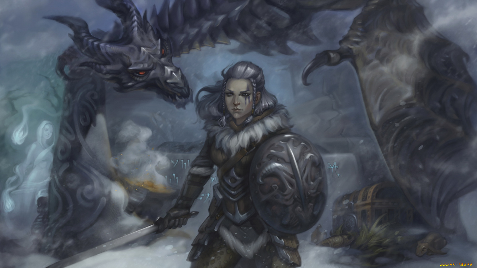 видео, игры, the, elder, scrolls, v, , skyrim, дракон, меч, щит, униформа, фон, взгляд, девушка