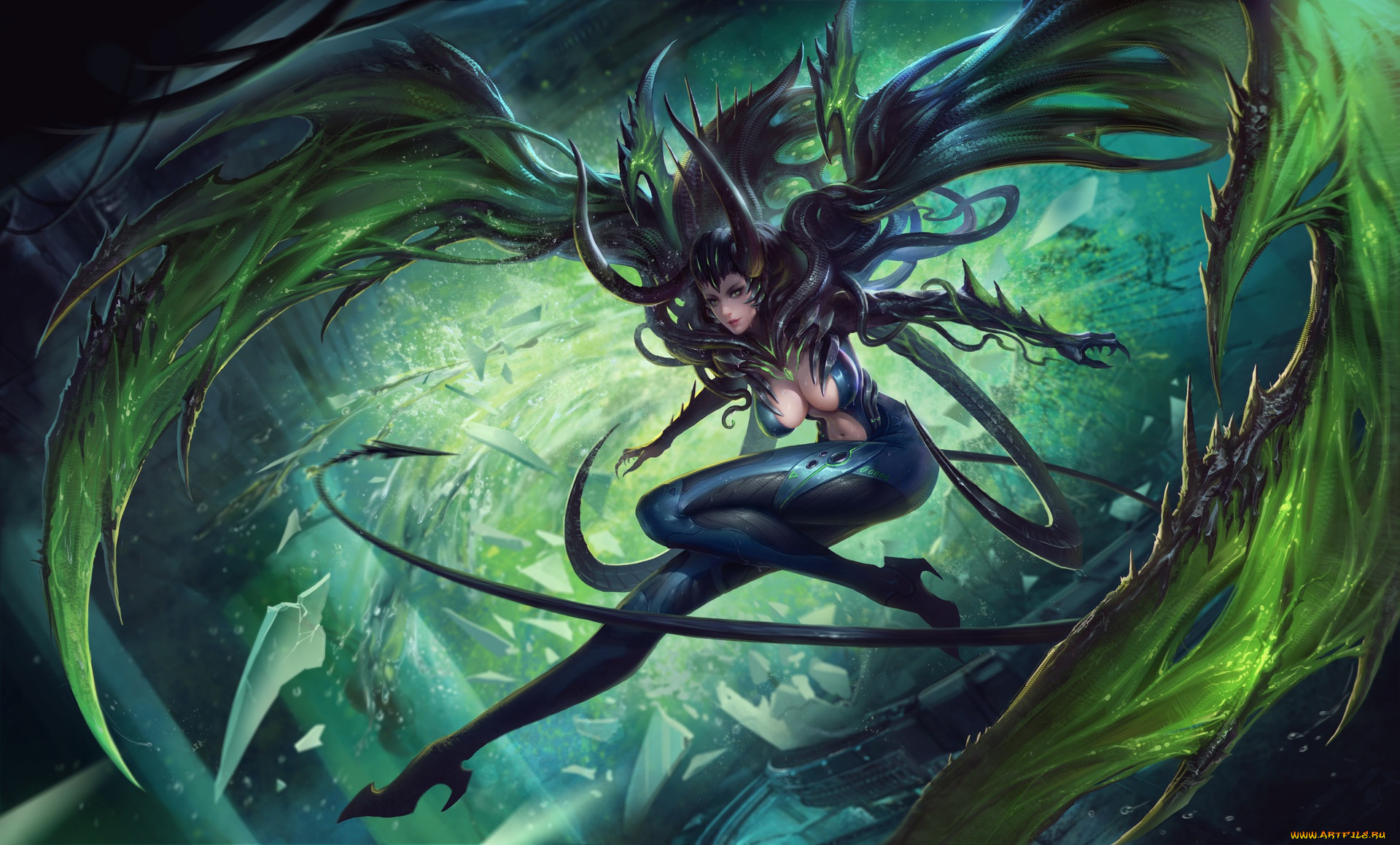 фэнтези, демоны, арт, крылья, поза, хвост, костюм, девушка, демоница, art