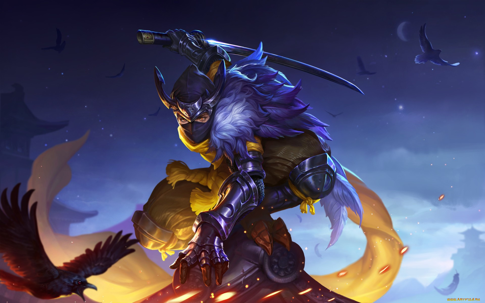 фэнтези, люди, взгляд, поза, арт, ниндзя, ворон, art, ninja