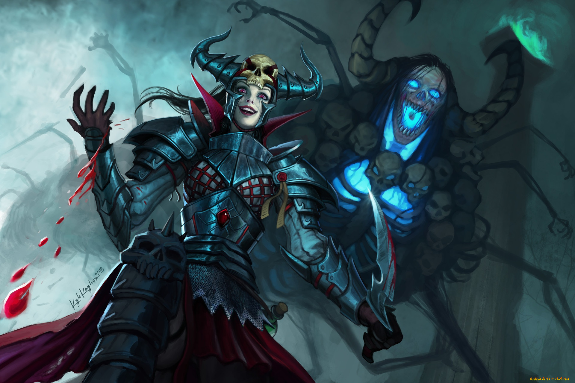 фэнтези, демоны, взгляд, арт, доспехи, девушка, кровь, существо, art, рога, черепа, fantasy