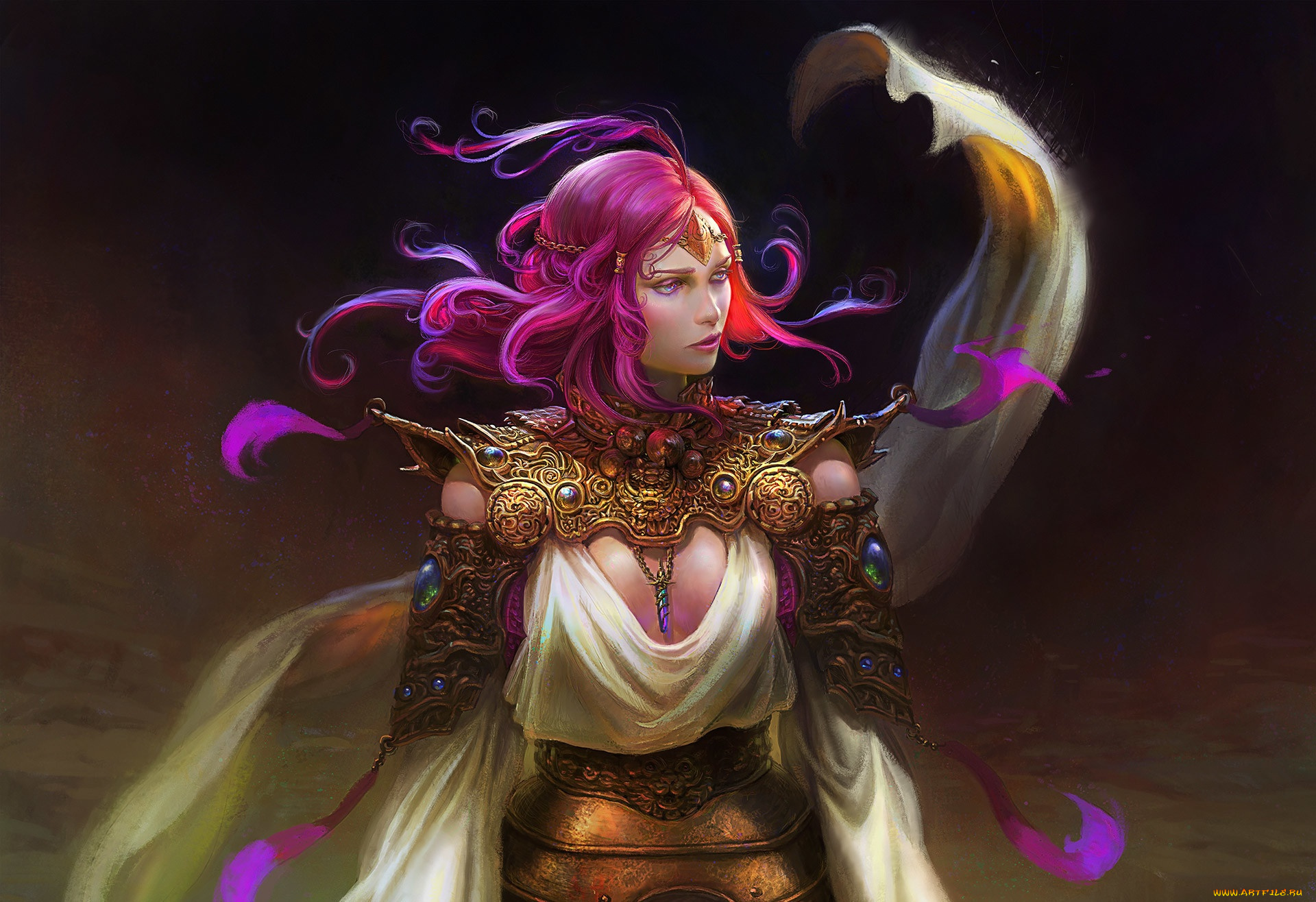 фэнтези, девушки, взгляд, девушка, украшения, фон, арт, профиль