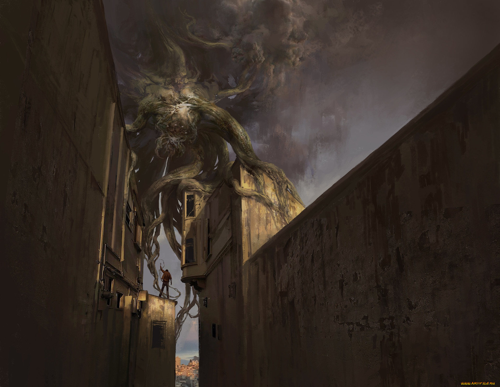 фэнтези, существа, стены, человек, дома, монстр, арт