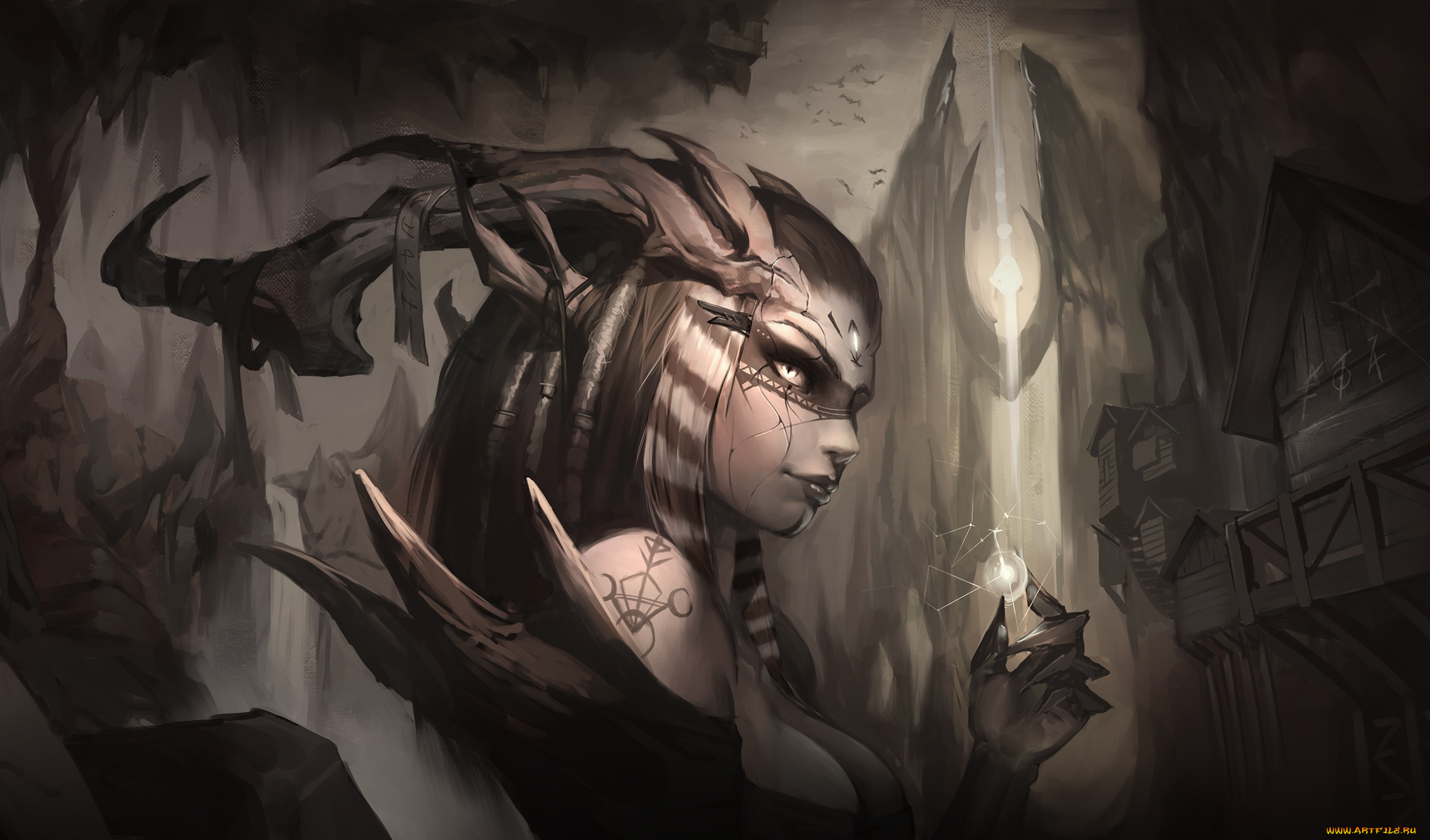 фэнтези, существа, взгляд, магия, арт, рога, демоница