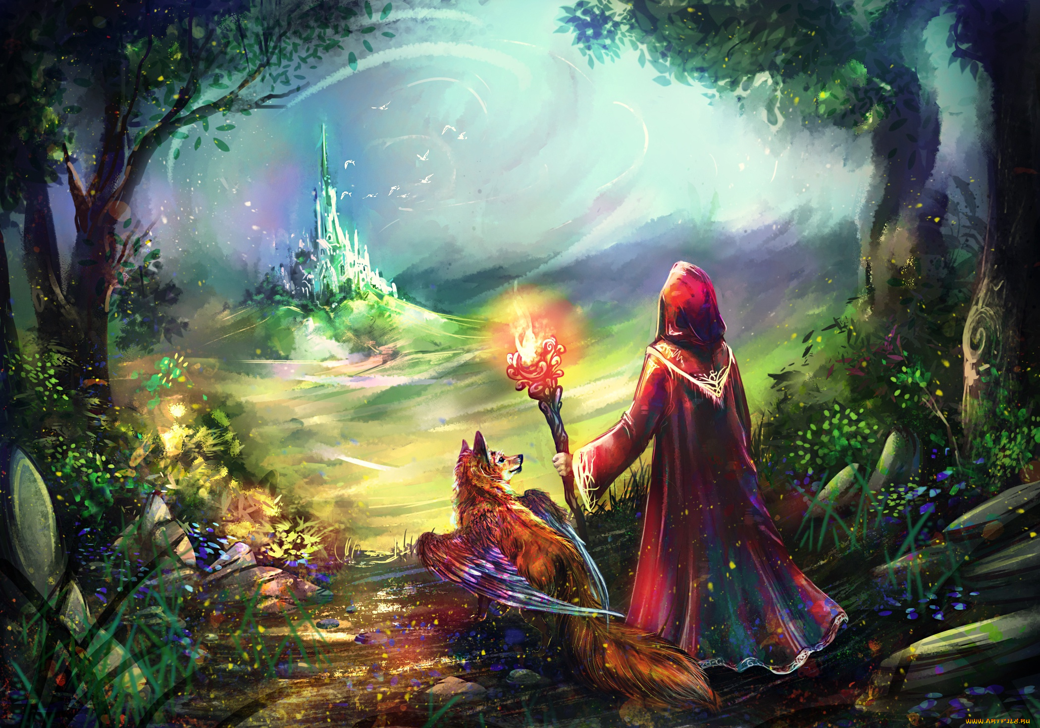 фэнтези, маги, , волшебники, птицы, природа, замок, животное, человек, существо, арт, плащ