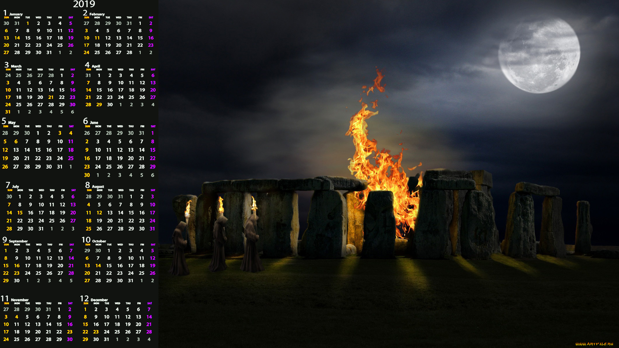 календари, 3д-графика, ночь, костер, луна