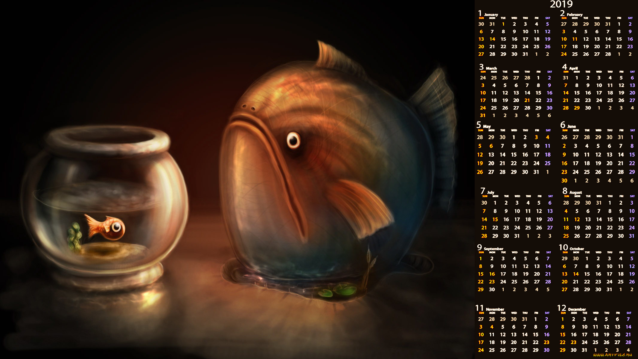 календари, рисованные, , векторная, графика, рыба, аквариум