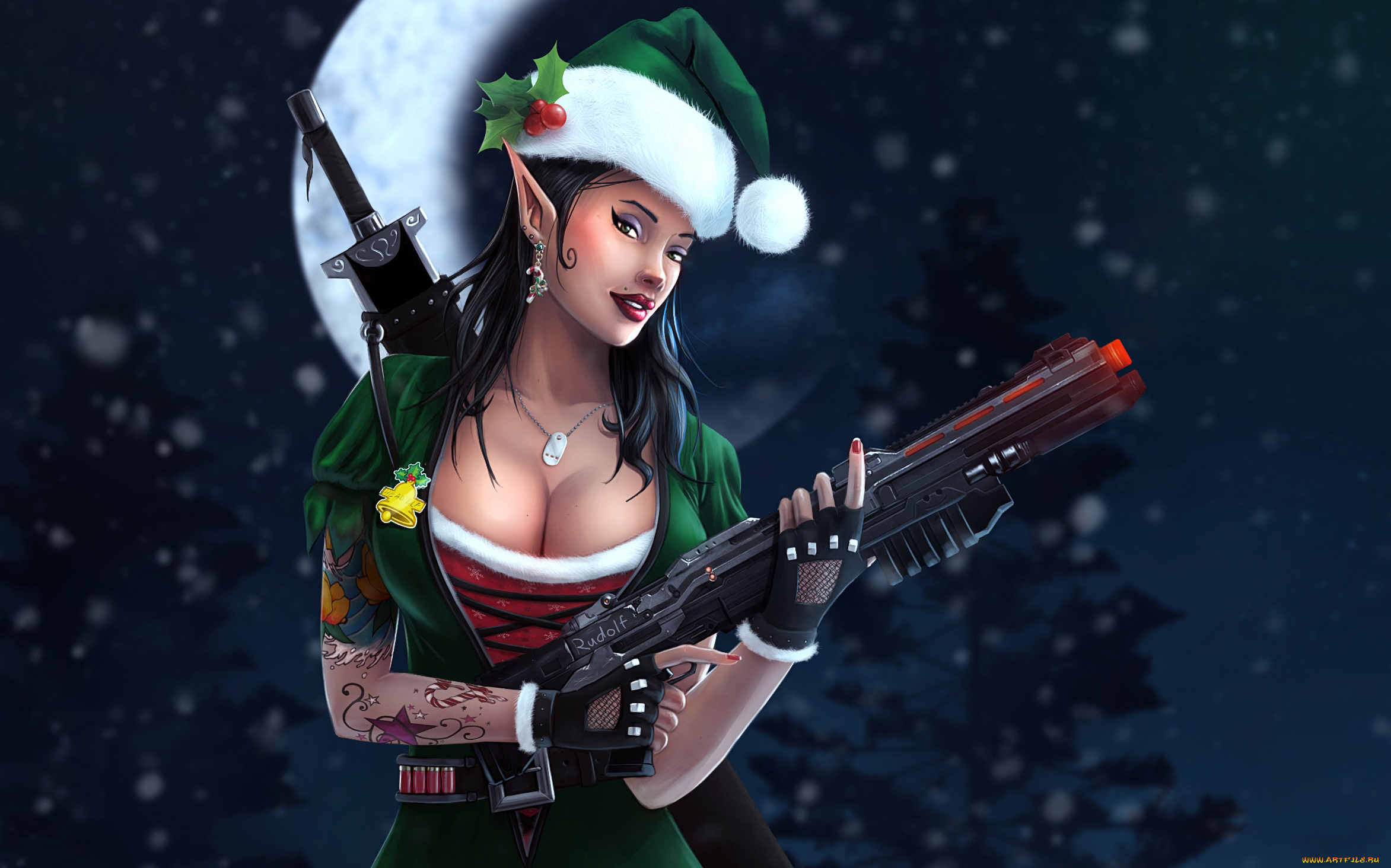 праздничные, -, разное, , новый, год, оружие, эльф, взгляд, фон, девушка