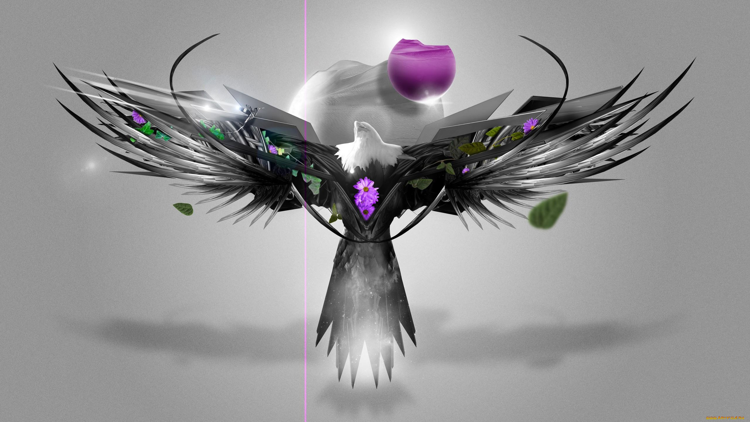 3д, графика, животные, , animals, птица, орел, цветы, листья