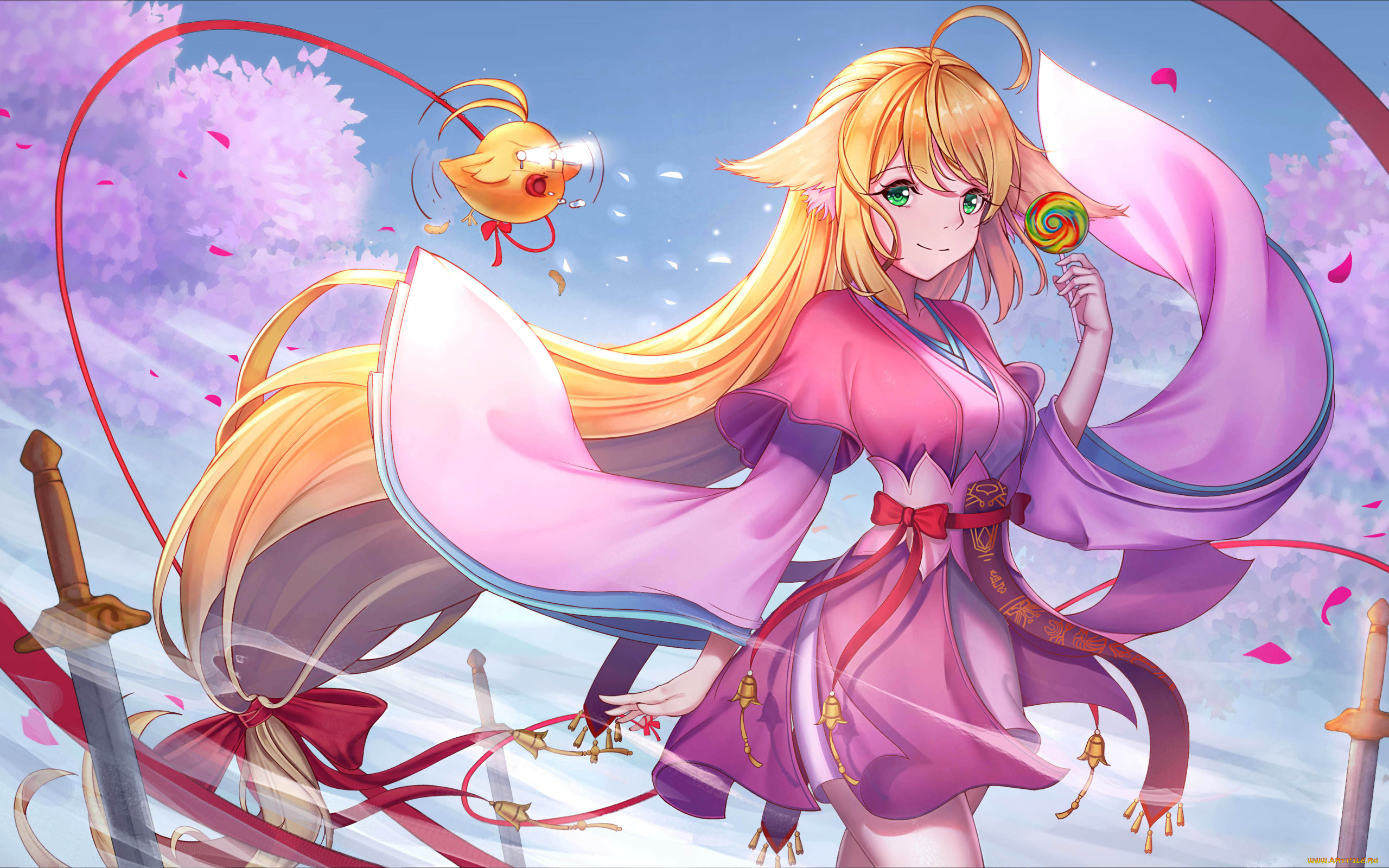 аниме, животные, , существа, колокольчики, меч, рукава, ушки, девушка, птица