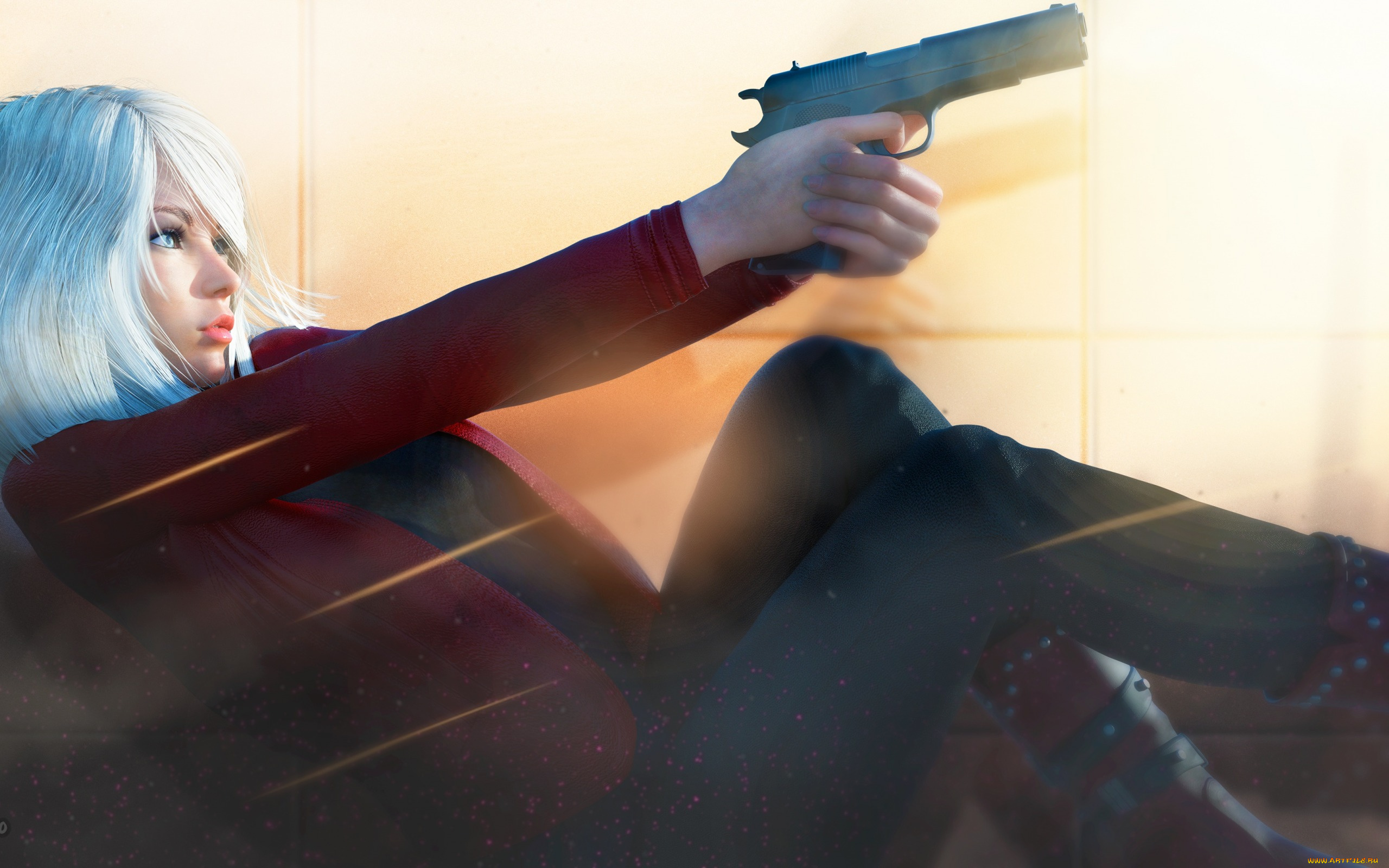 фэнтези, девушки, пистолет, рендеринг, поза, девушка, блондинка, профиль