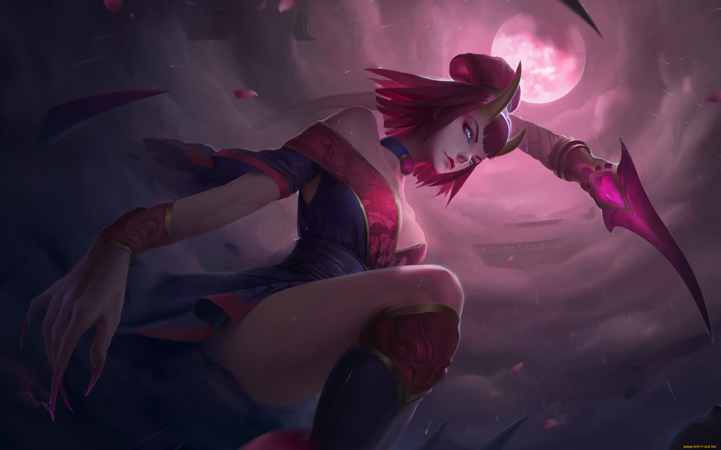 фэнтези, демоны, небо, взгляд, поза, луна, арт, когти, рога, демоница