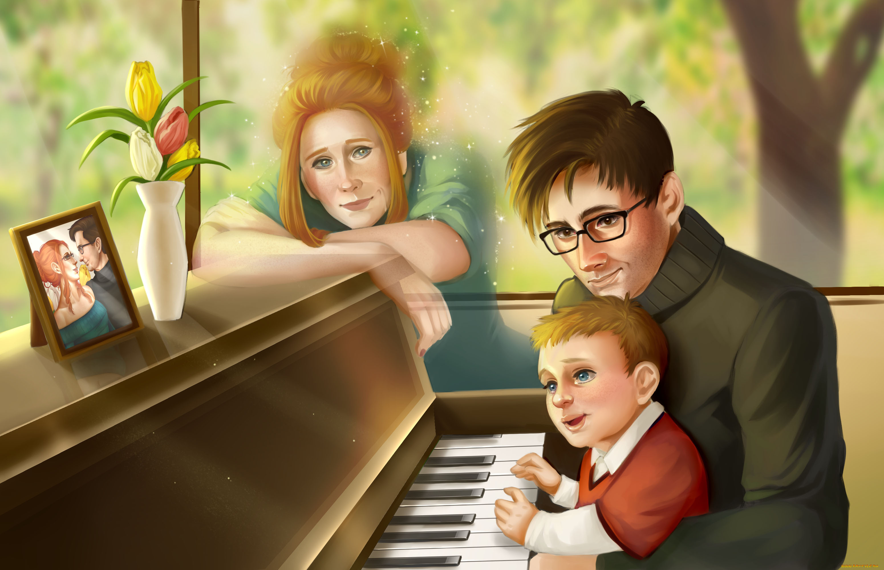 рисованное, люди, дух, портрет, фортепьиано, женщина, ребенок, мужчина