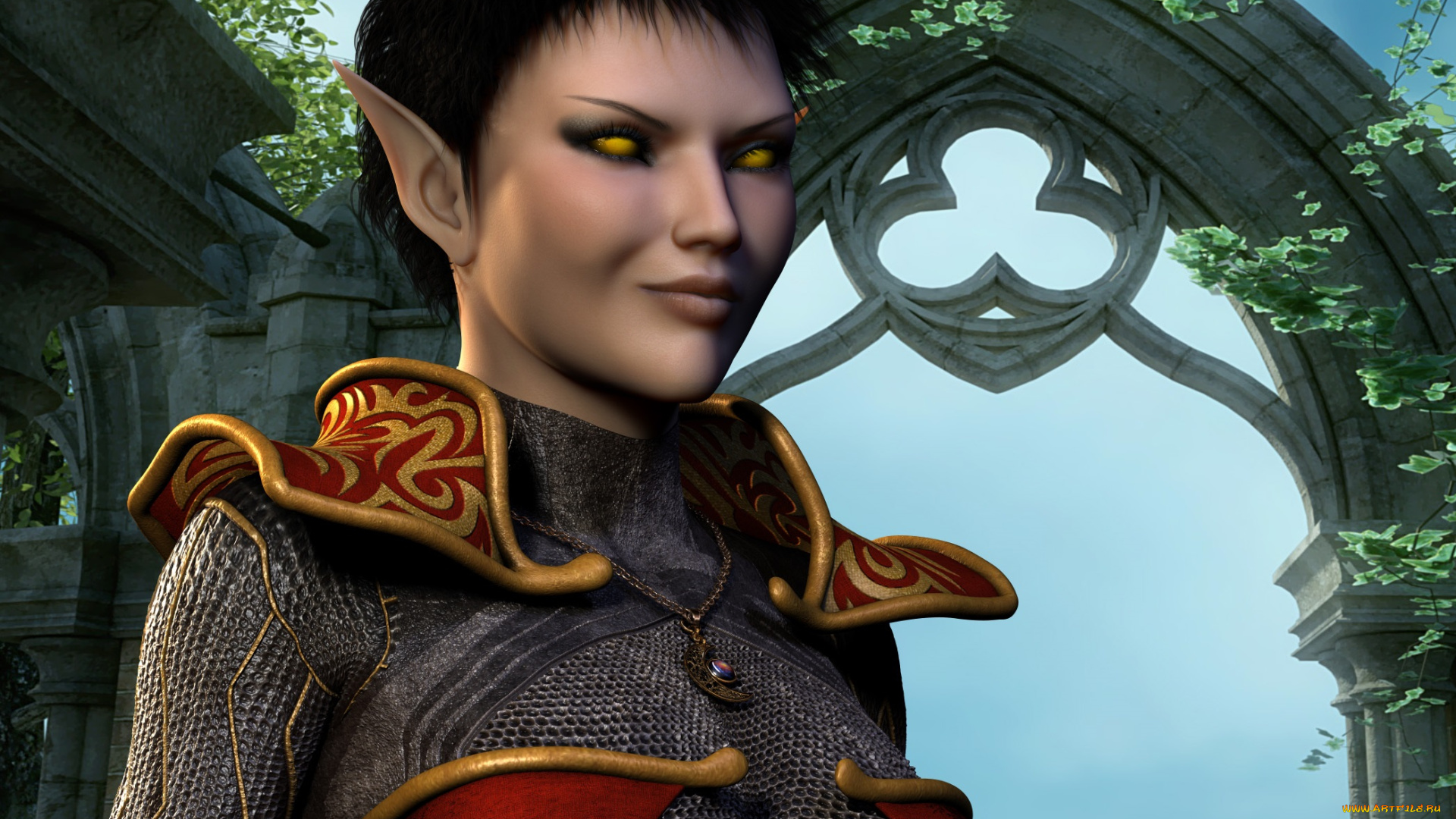 3д, графика, эльфы, , elves, фон, взгляд, эльфийка