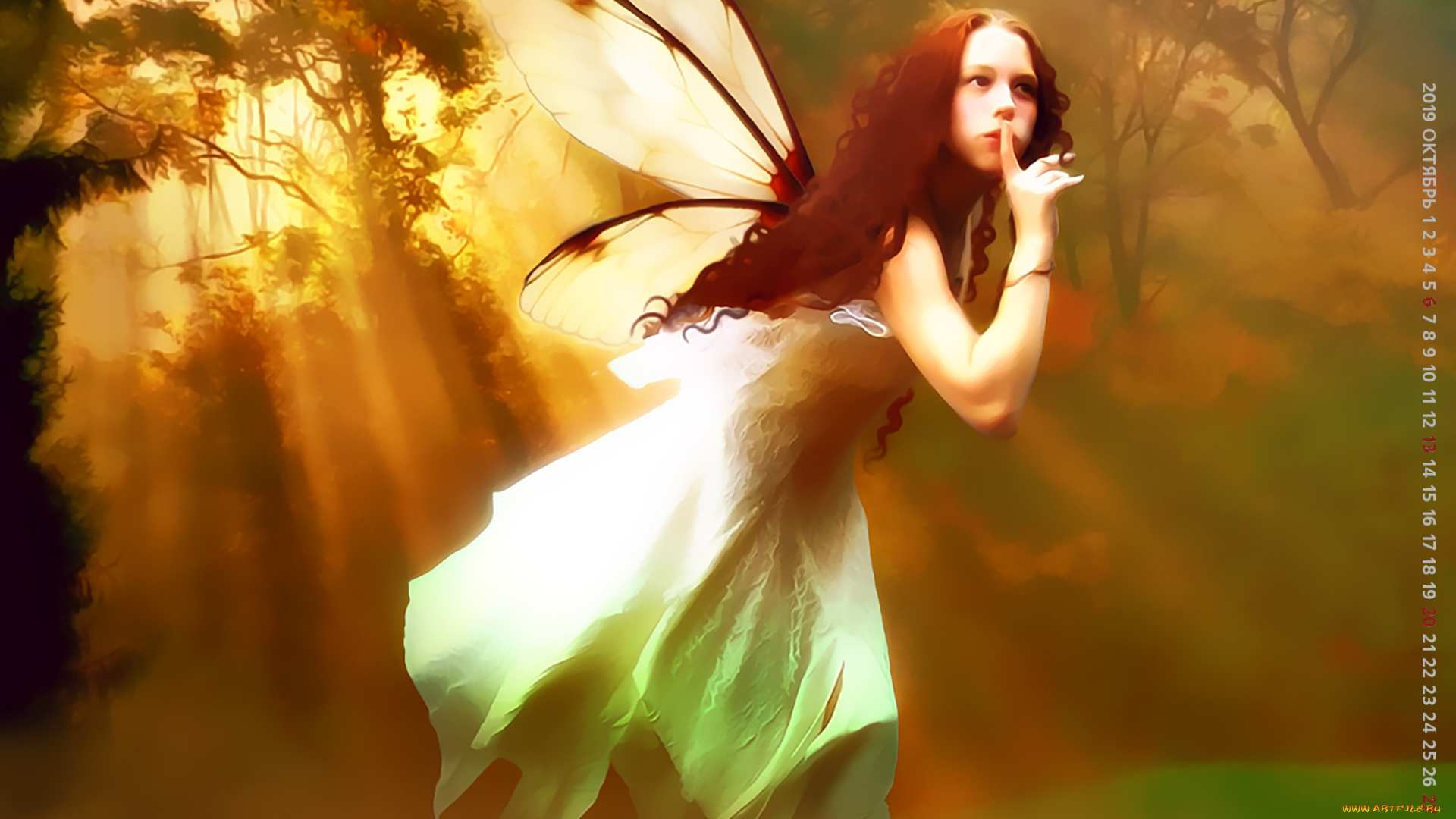 календари, фэнтези, 2019, calendar, девушка, крылья, фея, лес, природа, растение