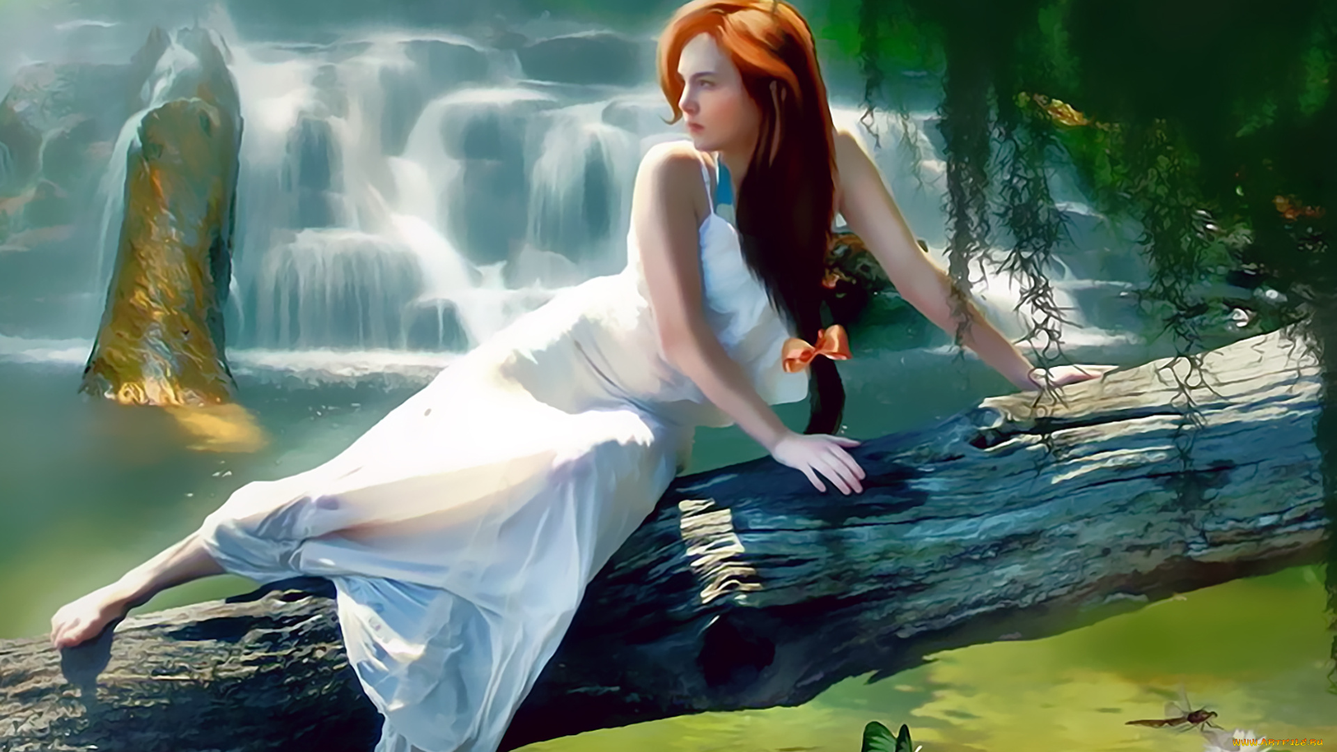 календари, фэнтези, 2019, calendar, природа, девушка, дерево, водопад