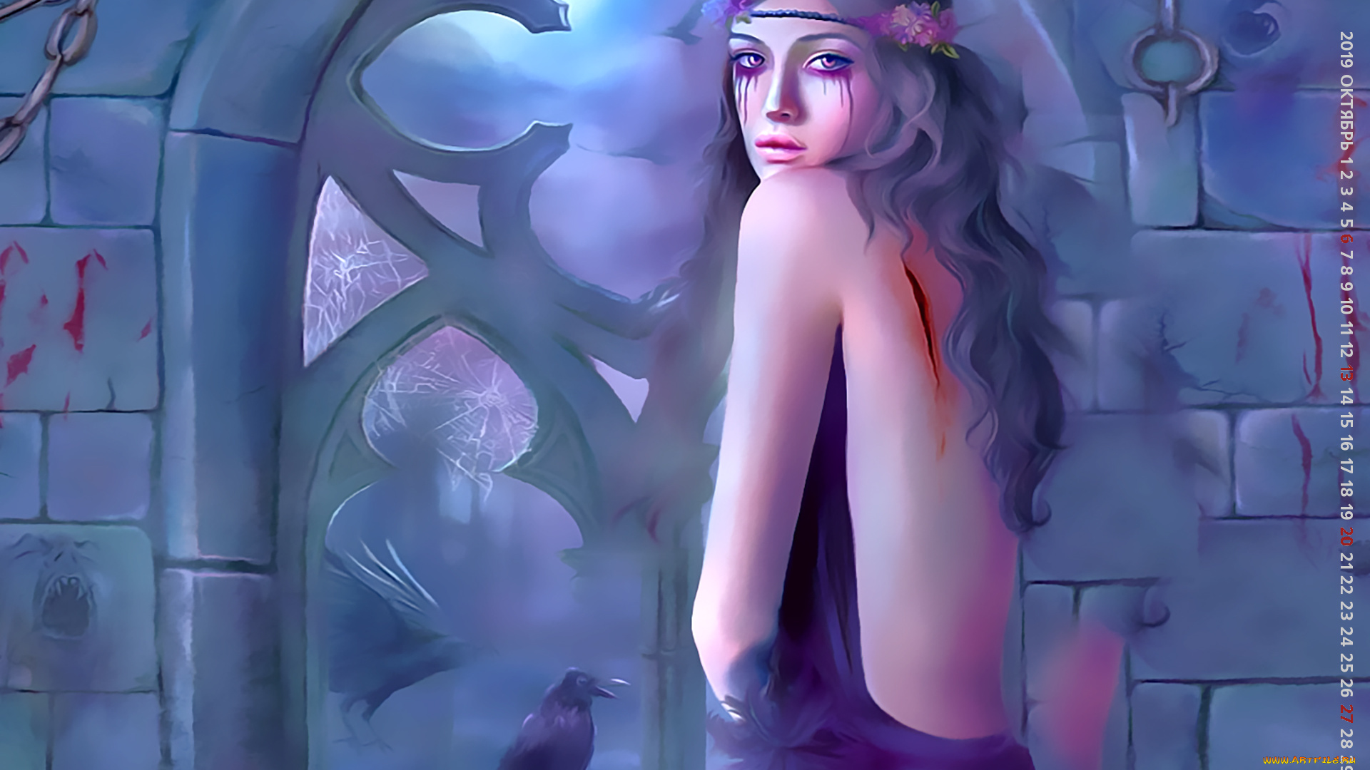 календари, фэнтези, calendar, 2019, кровь, птица, окно, девушка, рана