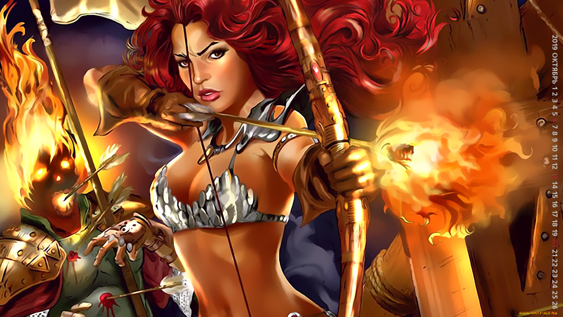 календари, фэнтези, calendar, стрела, лук, оружие, огонь, девушка, существо, воительница, 2019