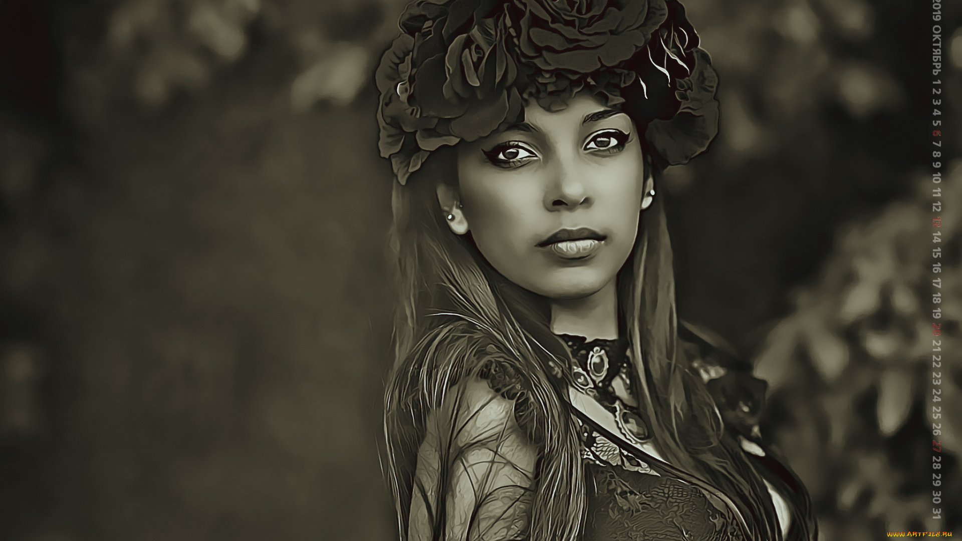 календари, компьютерный, дизайн, 2019, цветы, венок, calendar, женщина, взгляд, девушка